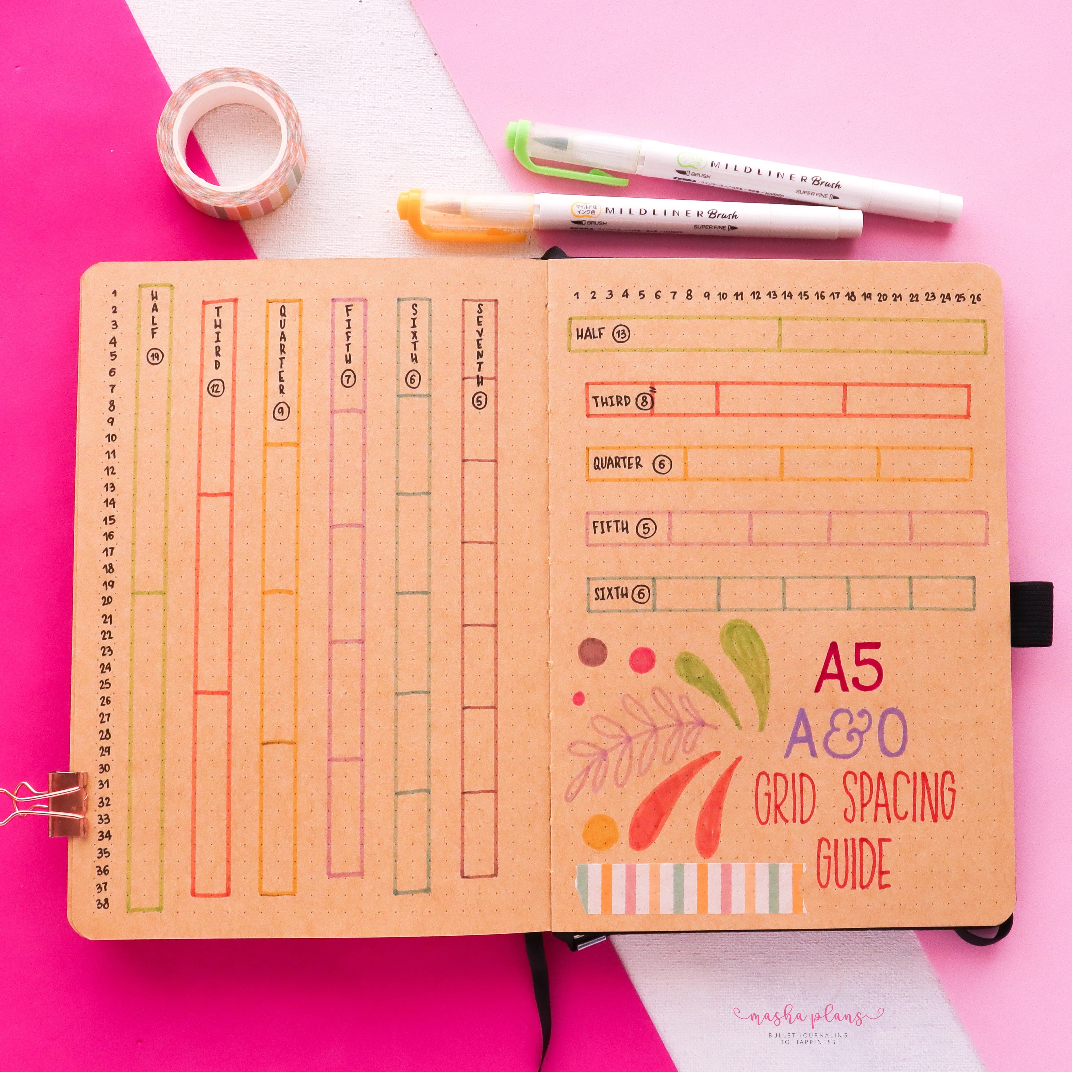 grid spacing guide, masha plans, archer and olive, A5 journal, kraft journal