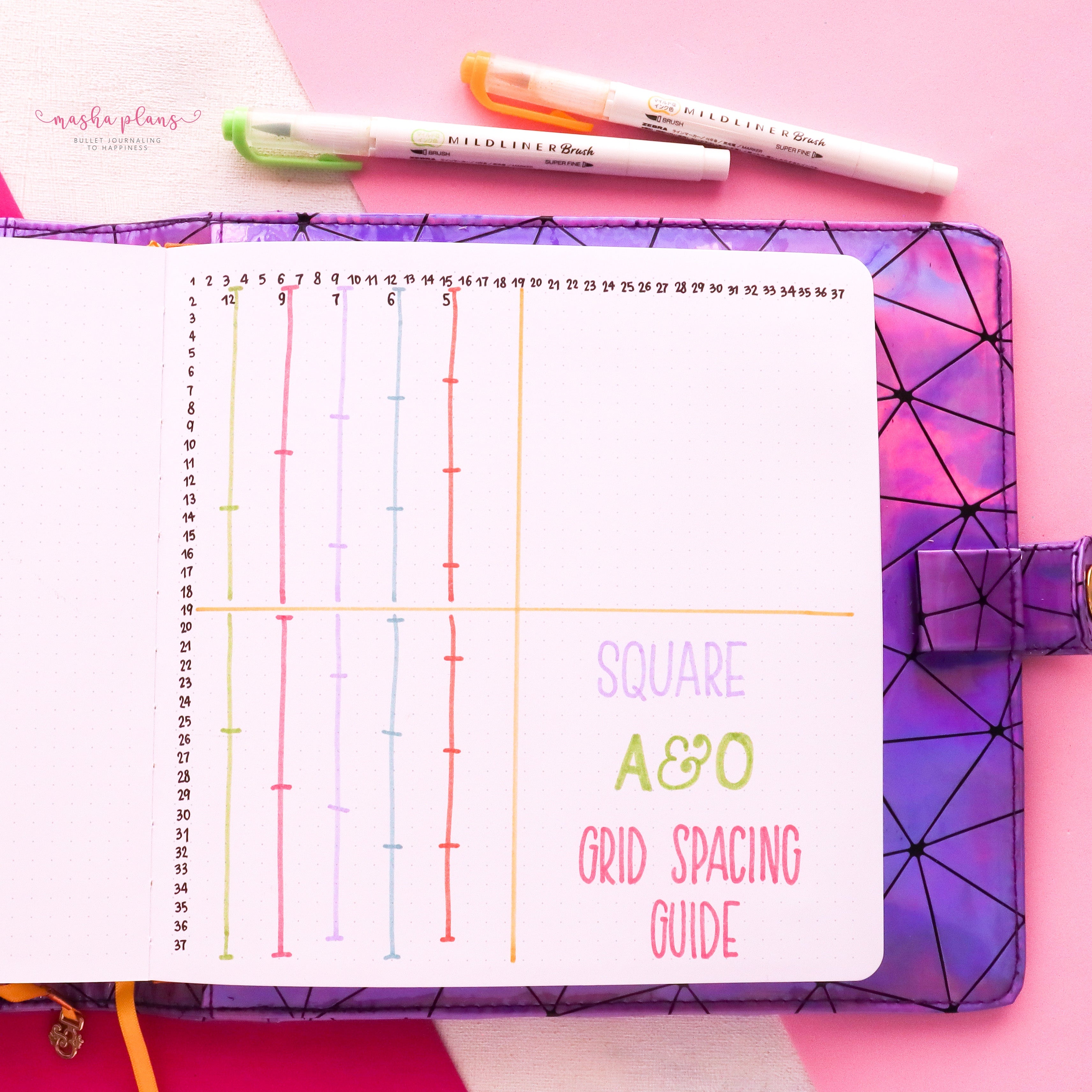 bullet journal, square journal, archer and olive, grid spacing guide, masha plans