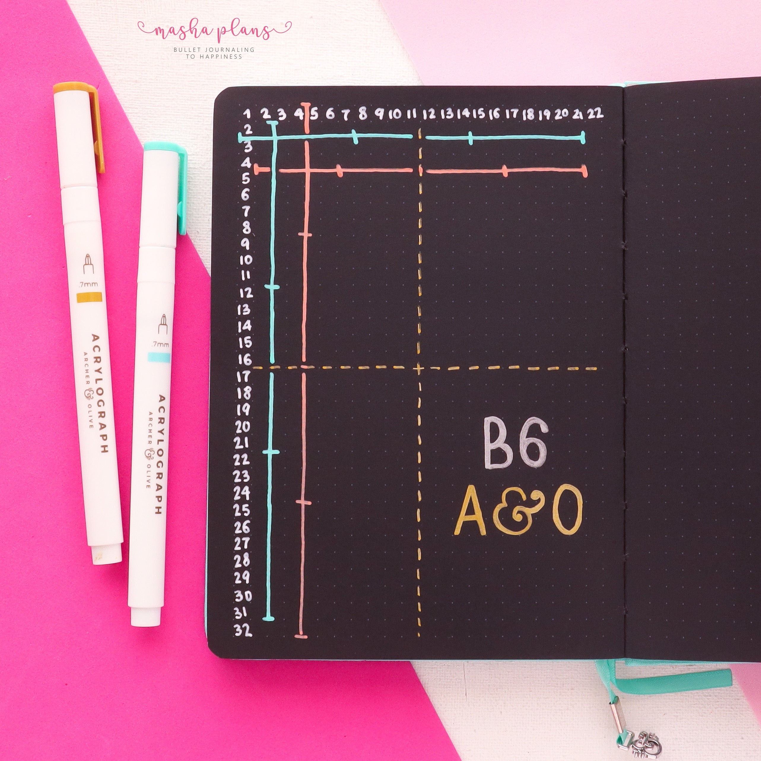 b6 journal, blackout journal, grid guide, archer and olive, masha plans
