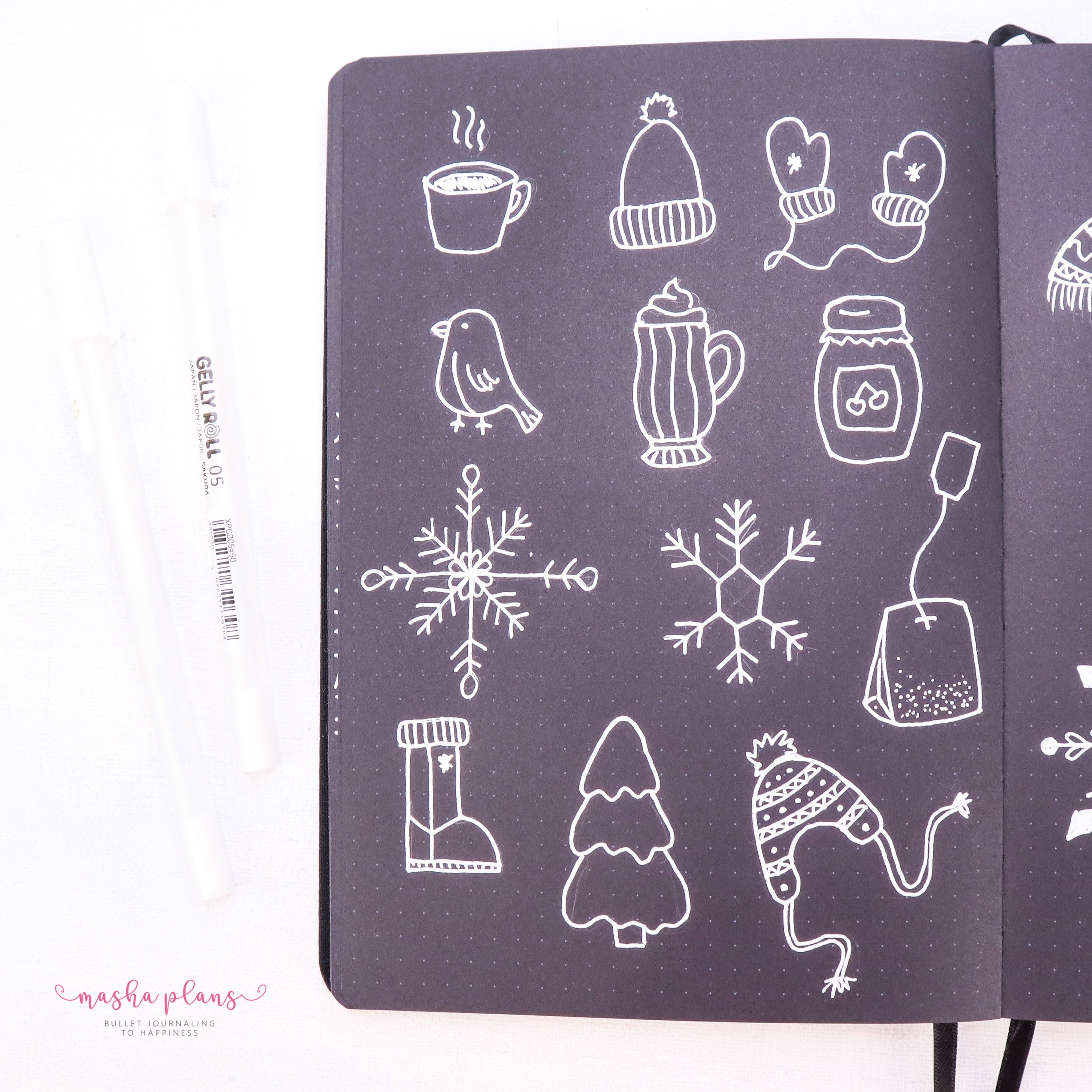 how to doodle, winter doodles, masha plans. sakura gelly roll, archer and olive, blackout book