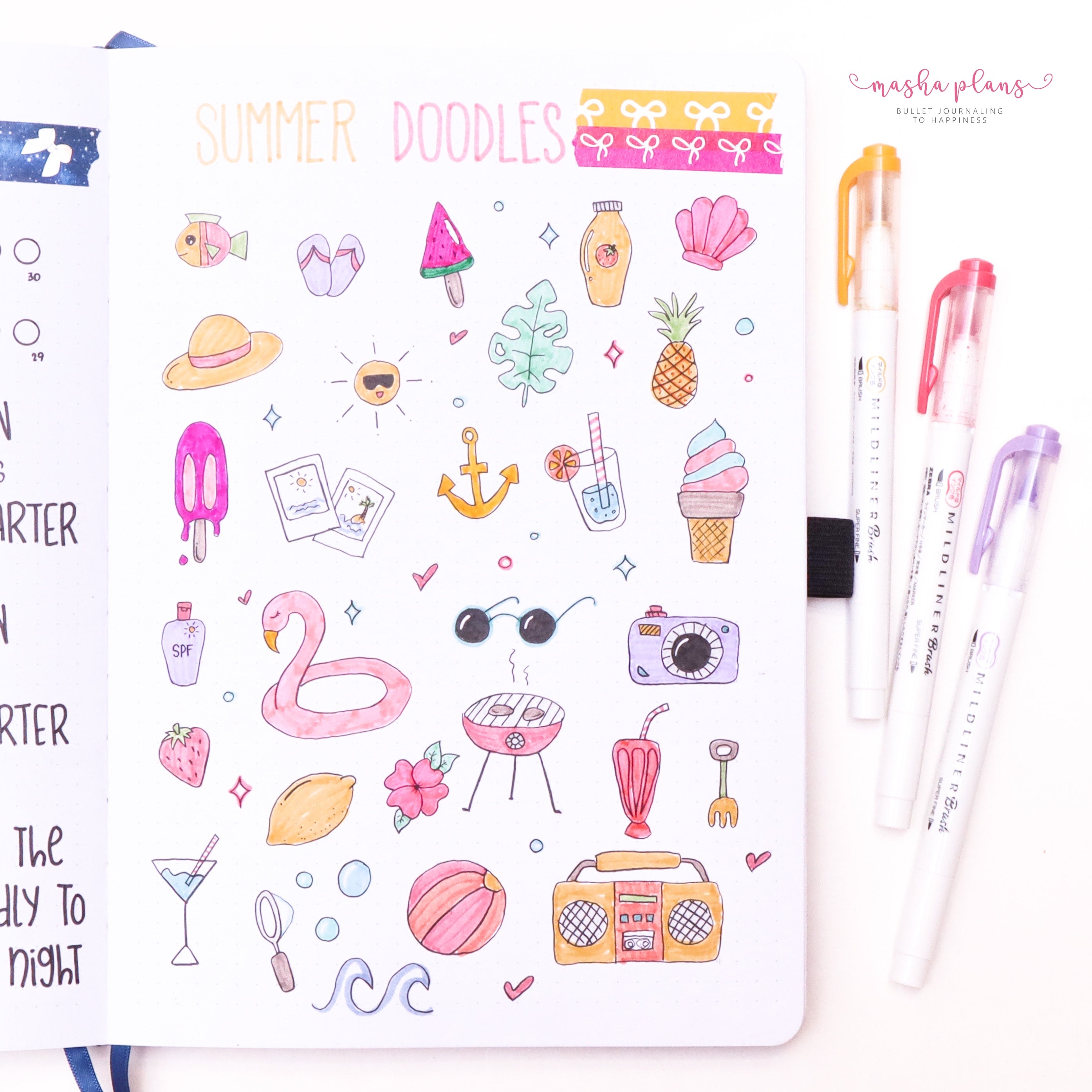 doodles, summer doodles, how to doodle, masha plans, archer and olive, summer bullet journal