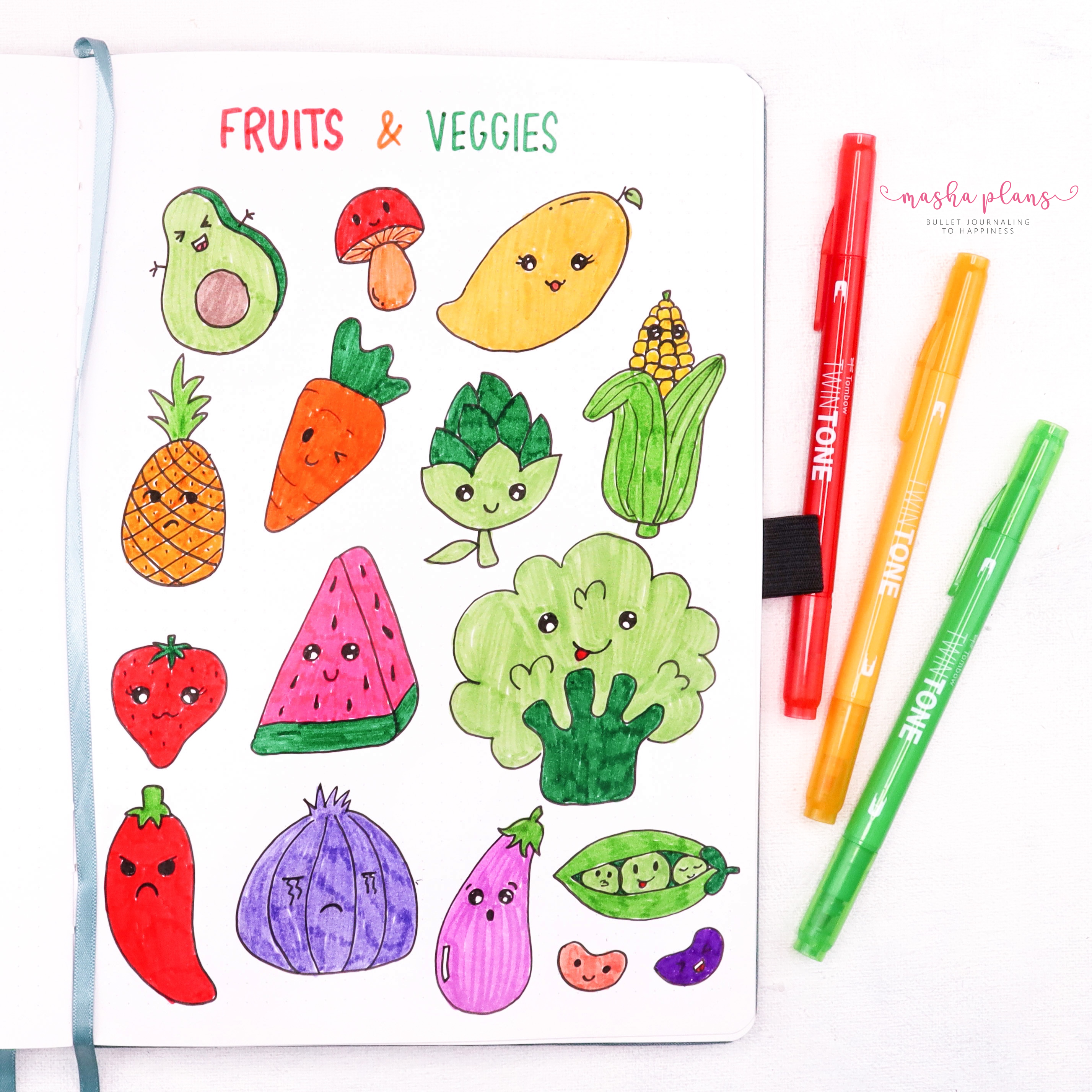 bullet journal, fruit doodles, vegetable doodles, doodle tutorial, how to doodle