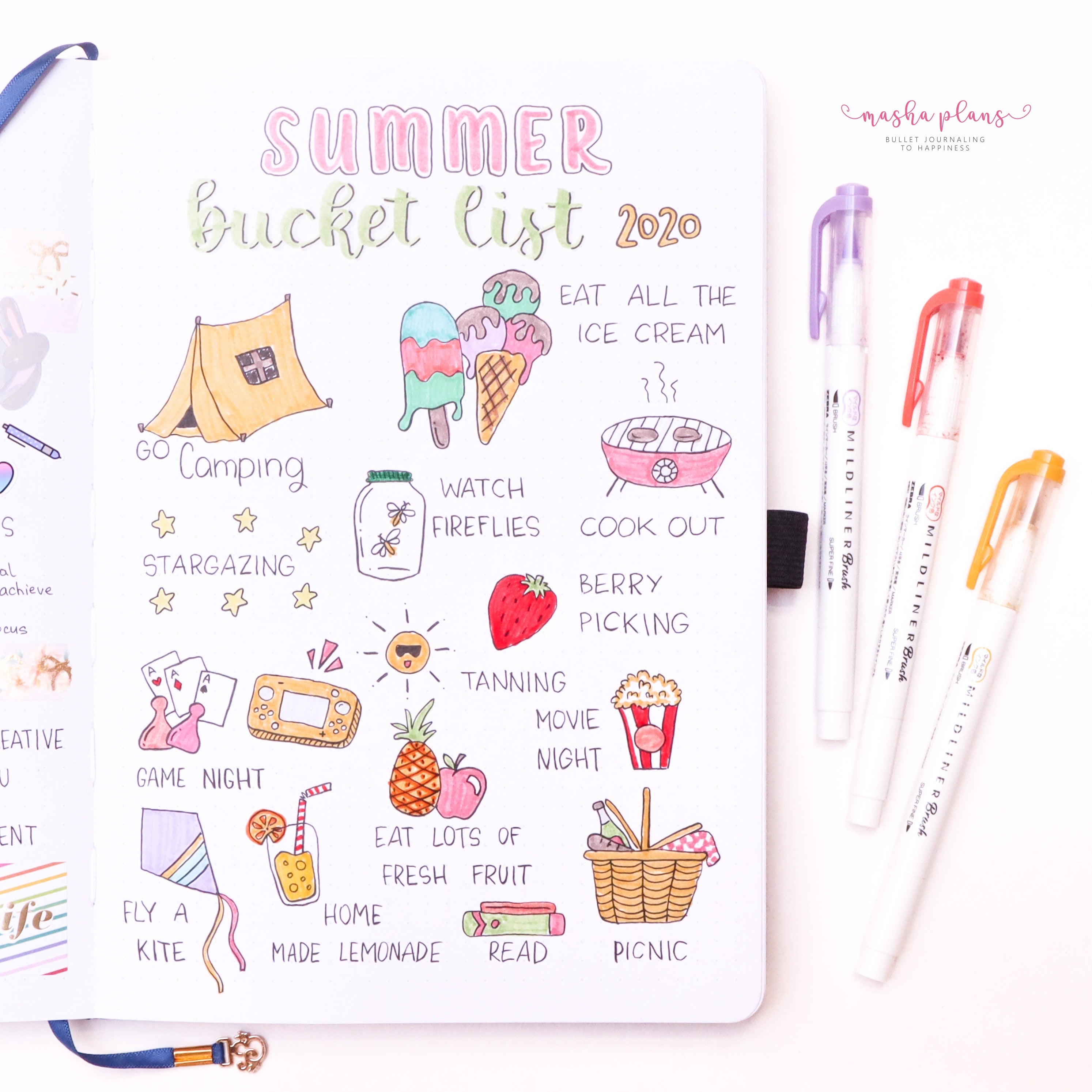 bullet journal, summer bullet journal, bucket list, summer bucker list, doodles, summer doodles, masha plans, archer and olive