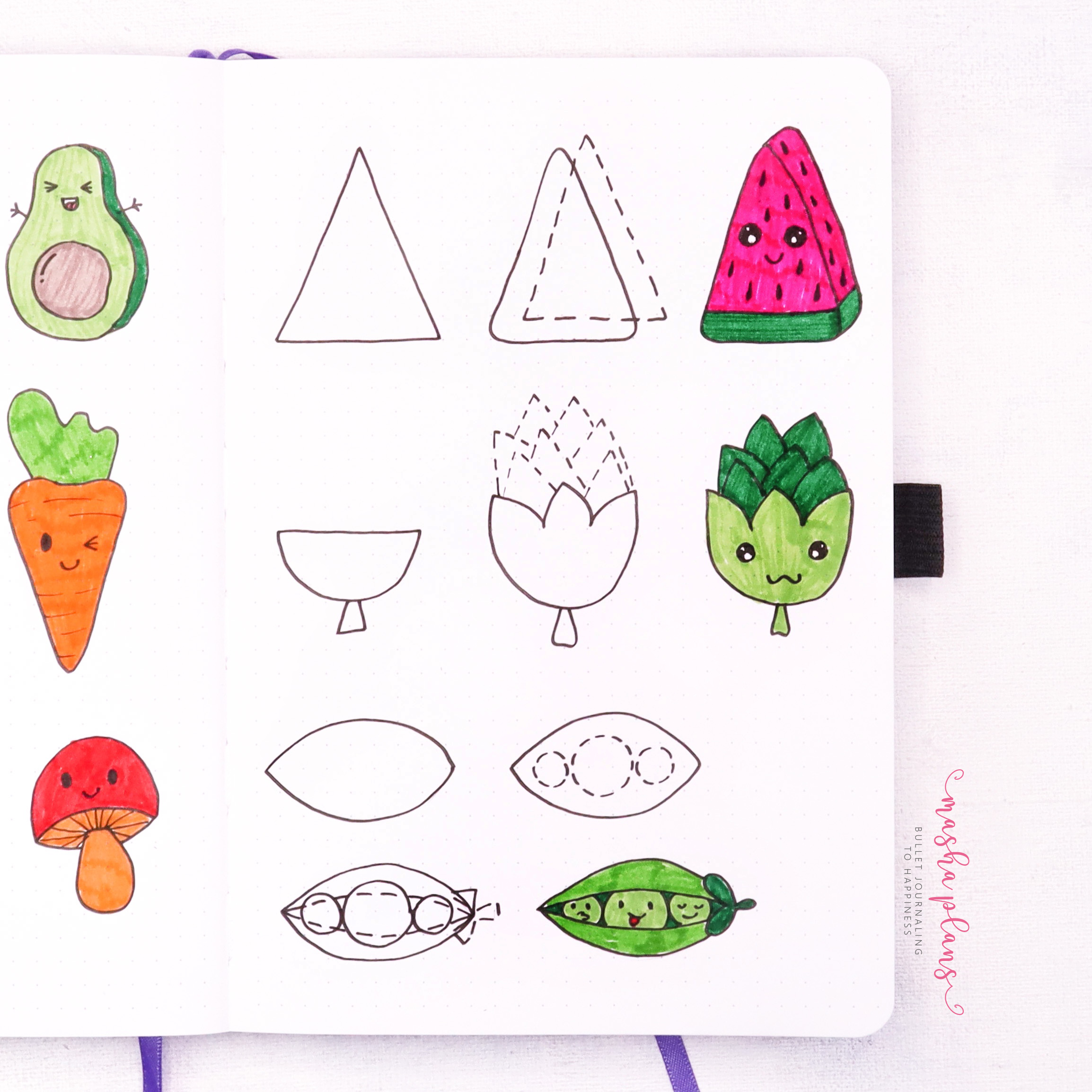 doodle tutorial, how to doodle, fruit doodles, vegetable doodles, masha plans, archer and olive