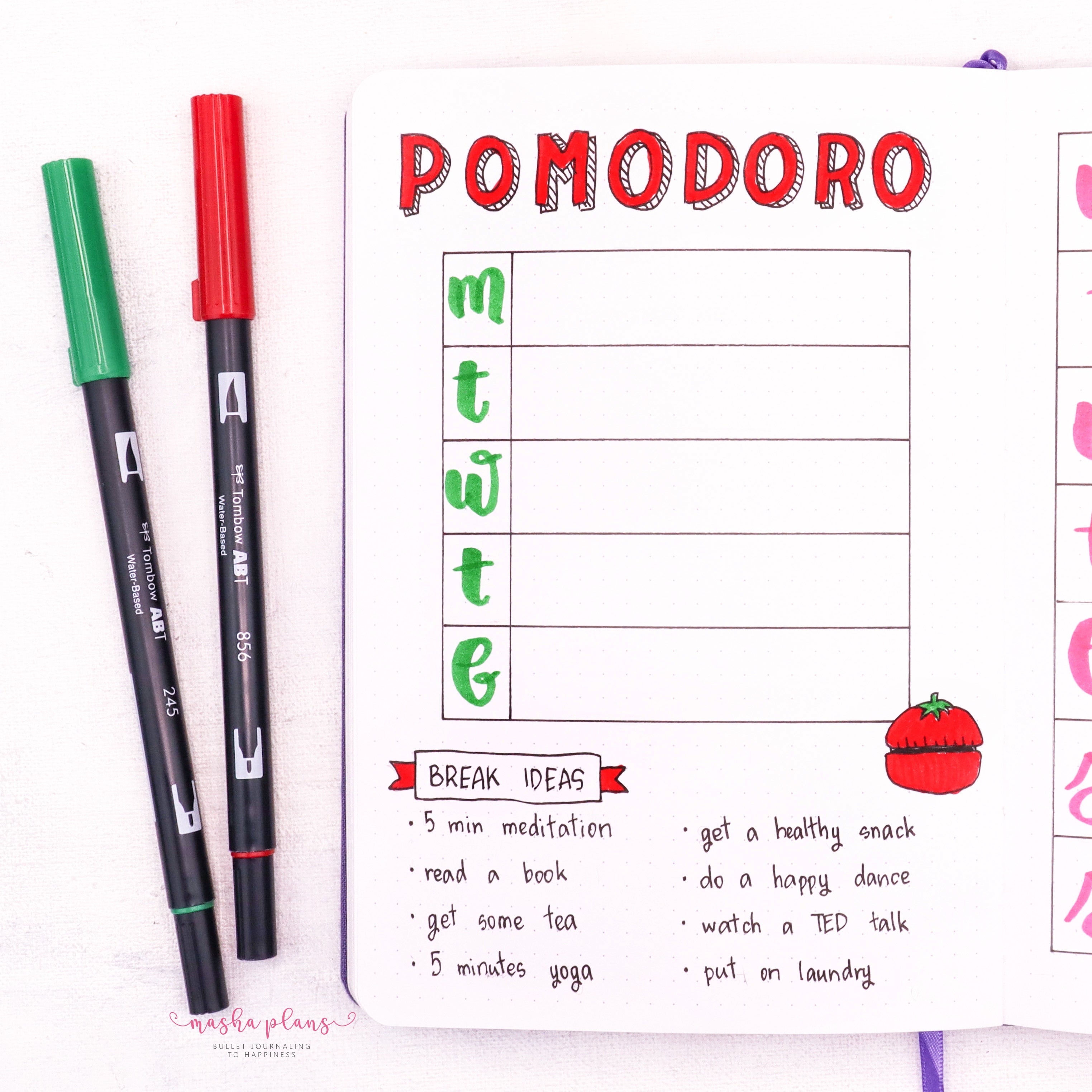 pomodoro, masha plans, work from home, bujo page ideas, archer and olive