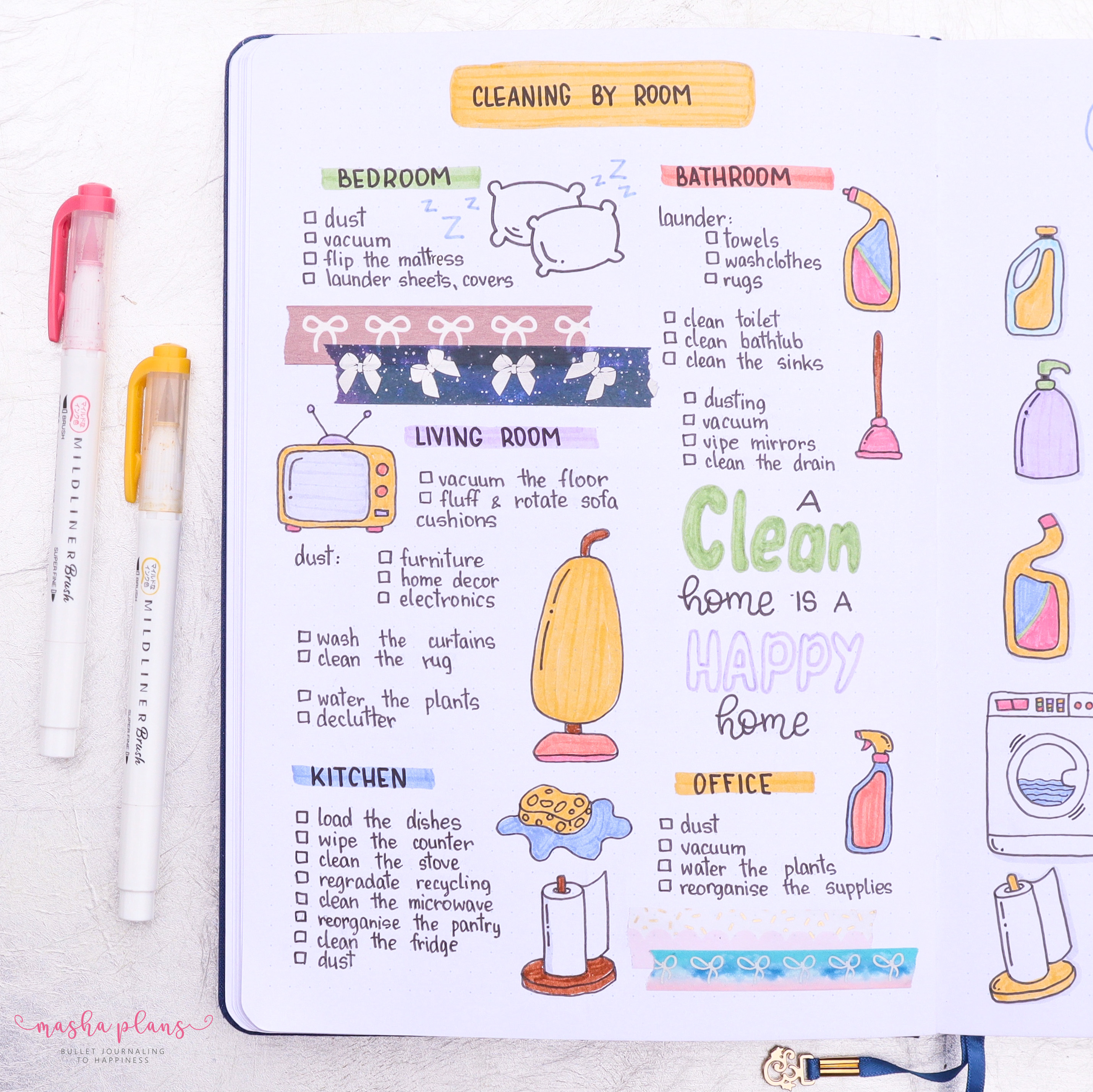 bullet journal, bujo, page ideas, cleaning tracker, masha plans, archer and olive