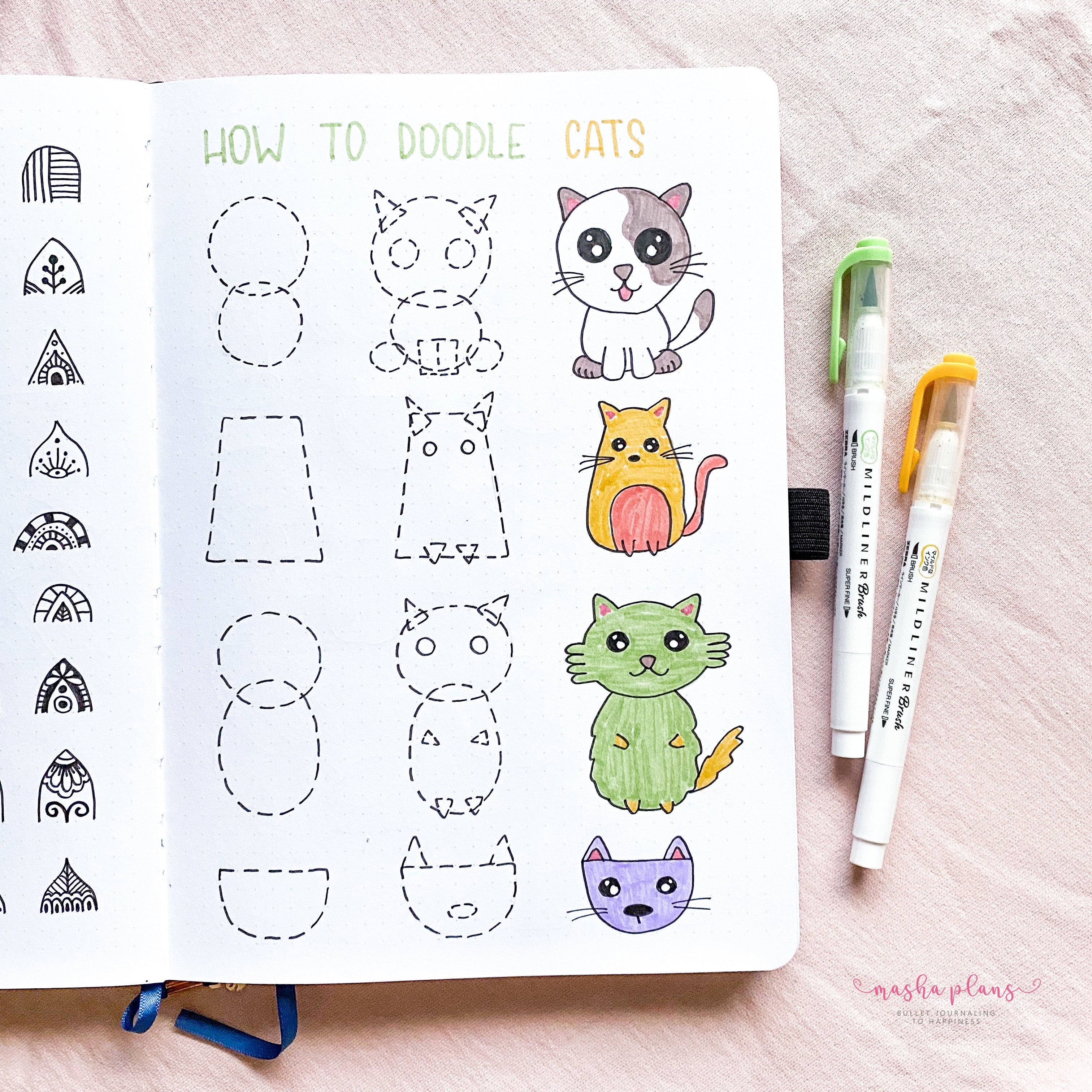 masha plans, how to doodle, tutorial, archer and olive, cats, cat doodles