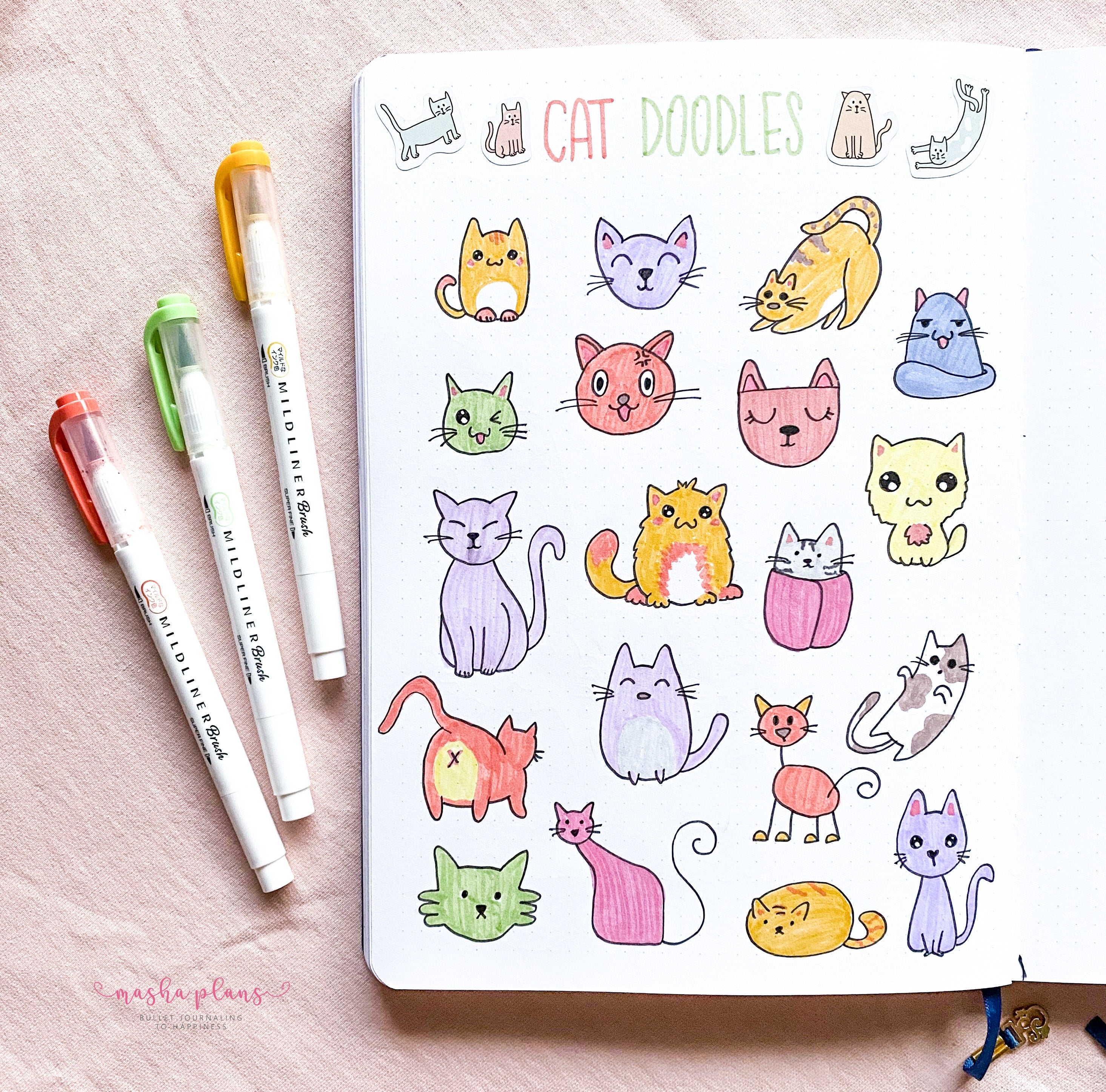 cat doodles, doodle ideas, bullet journal doodles, masha plans, archer and olive