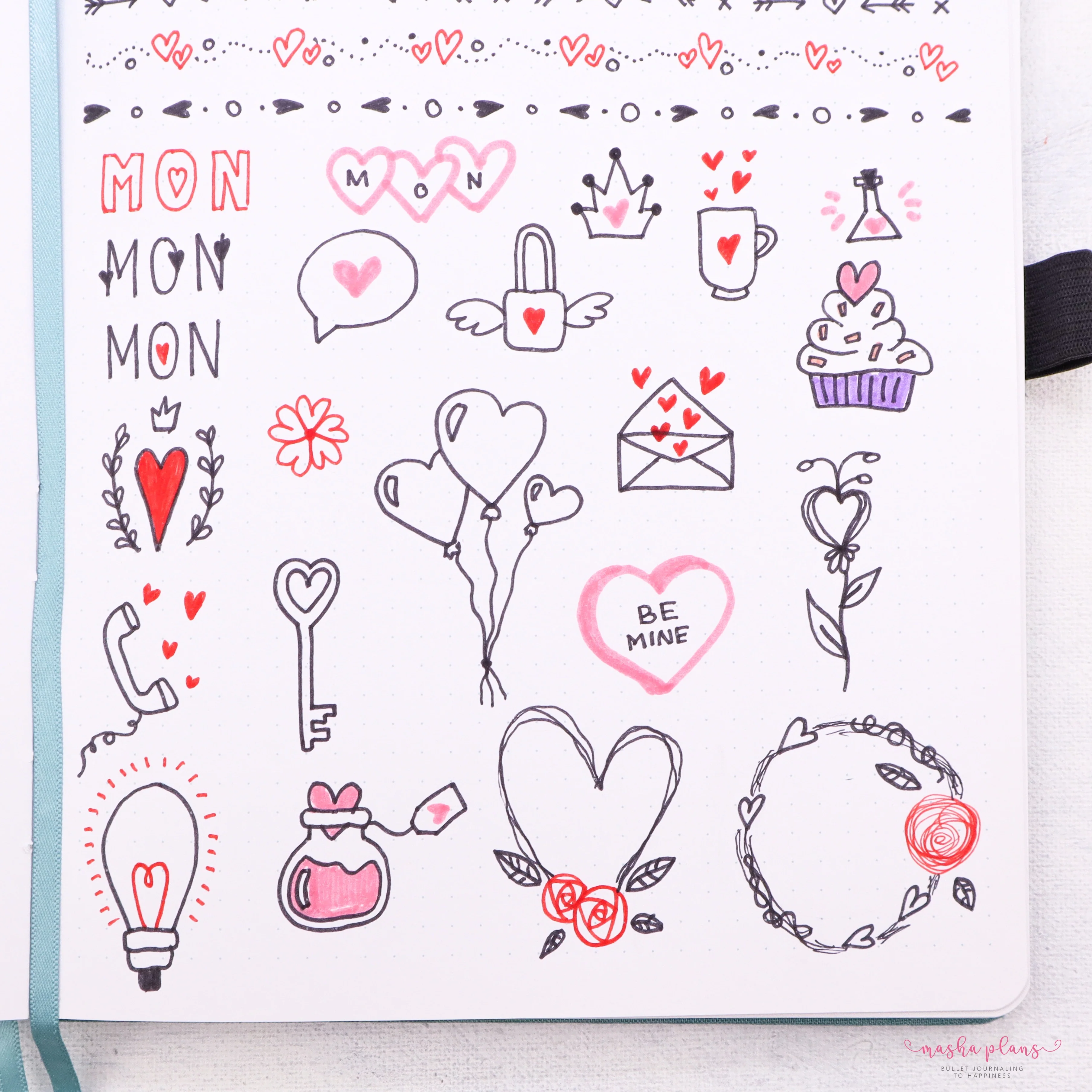 bullet journal, doodles, archer and olive, stabilo, valentine's doodles, masha plans