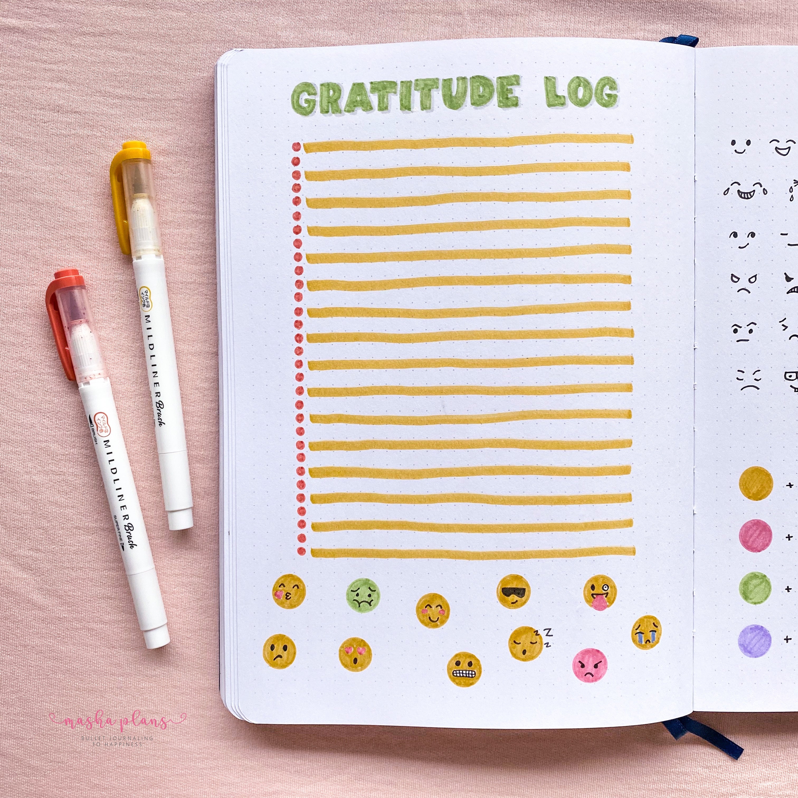 bullet journal, archer and olive, masha plans, gratitude log, bullet journal spread, bullet journal setup