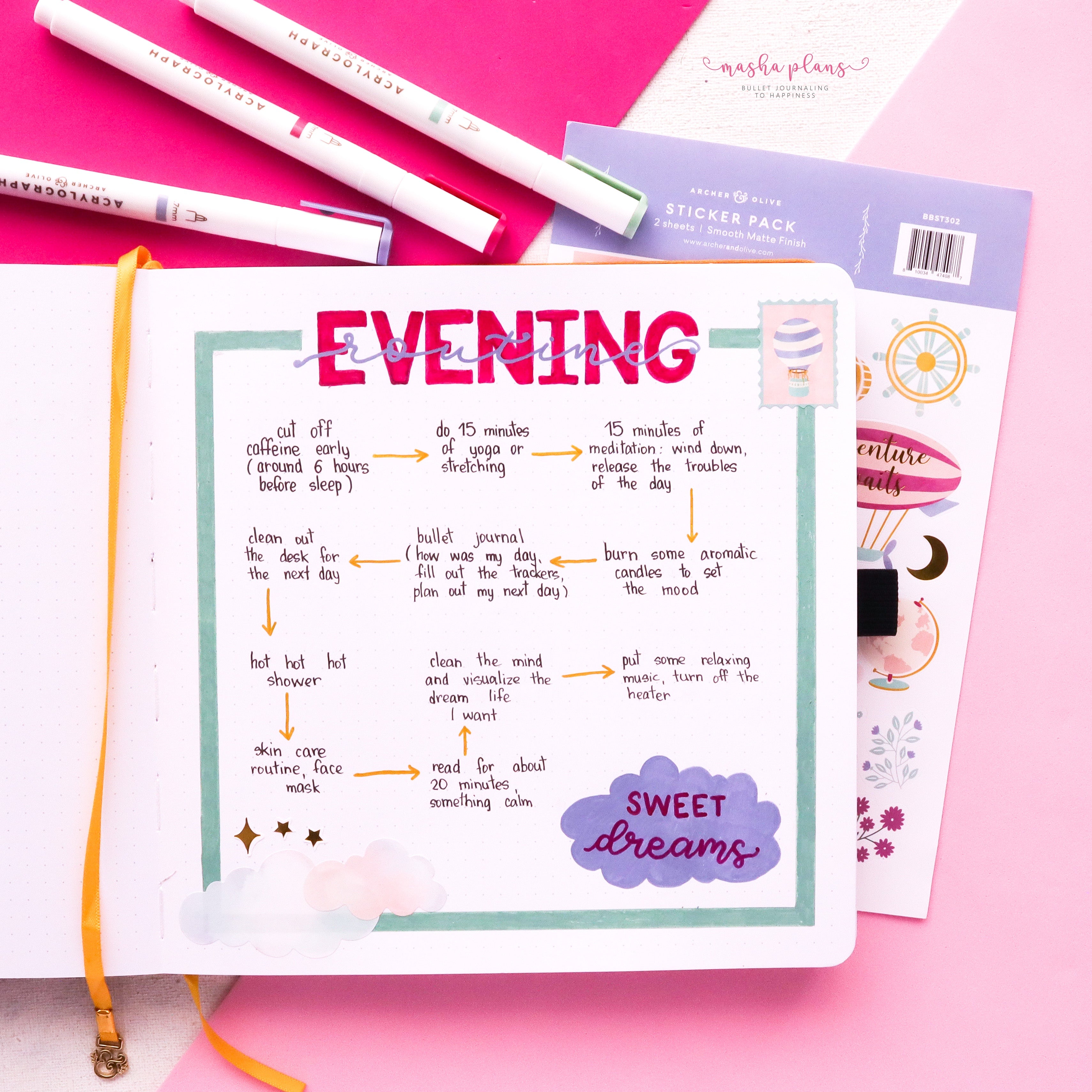 evening routine, masha plans, routine, archer and olive, square journal