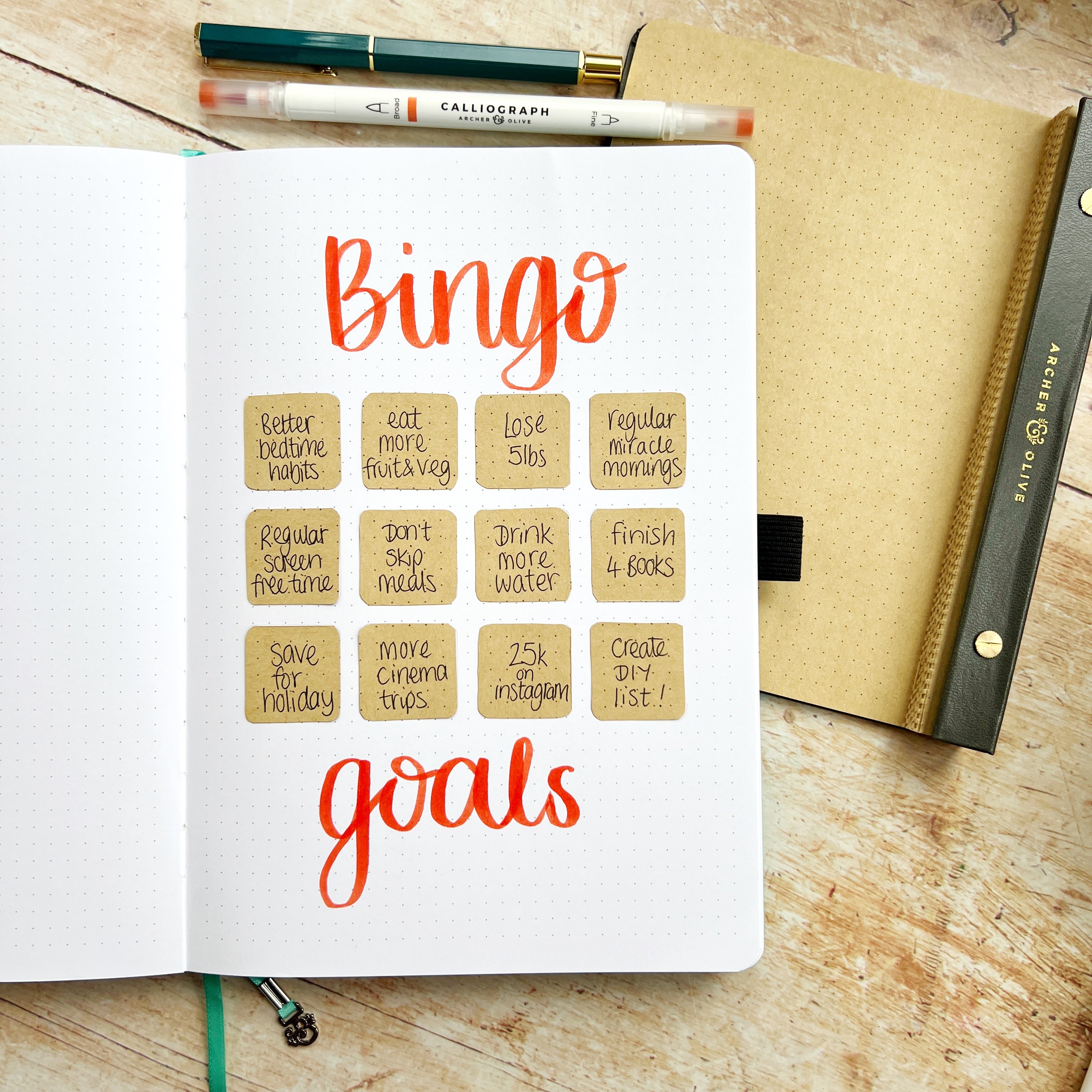 bingo goals added to kraft paper squares