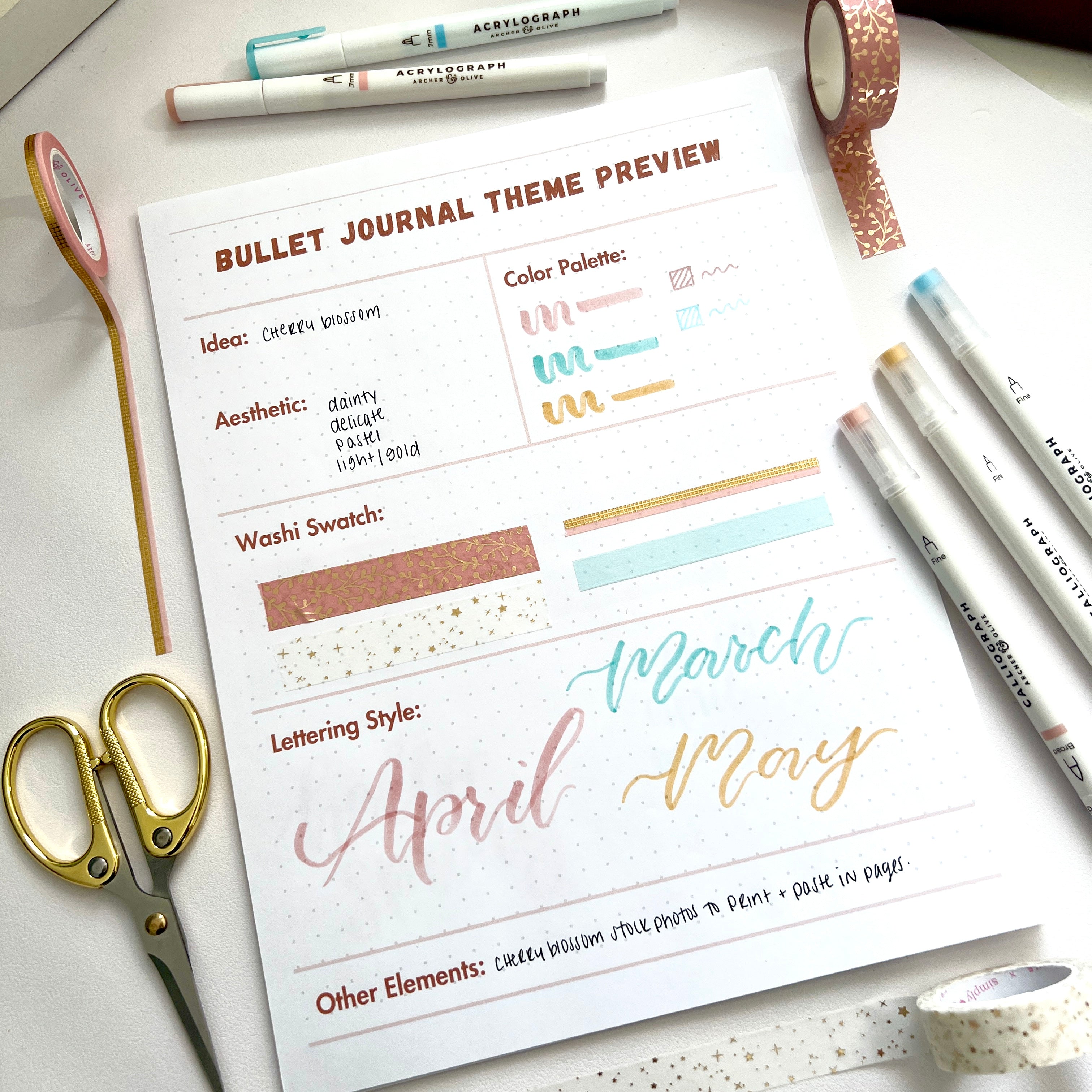 Image showing the free printable included in this blog post in a flat lay surrounded by a pair of scissors, decorative tape, and markers