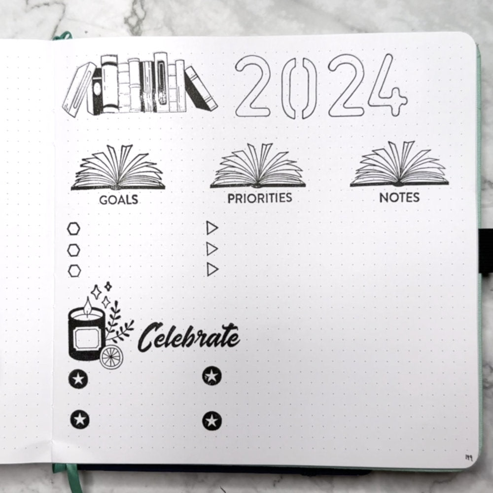 bullet journal spread for goals priorities and celebrations