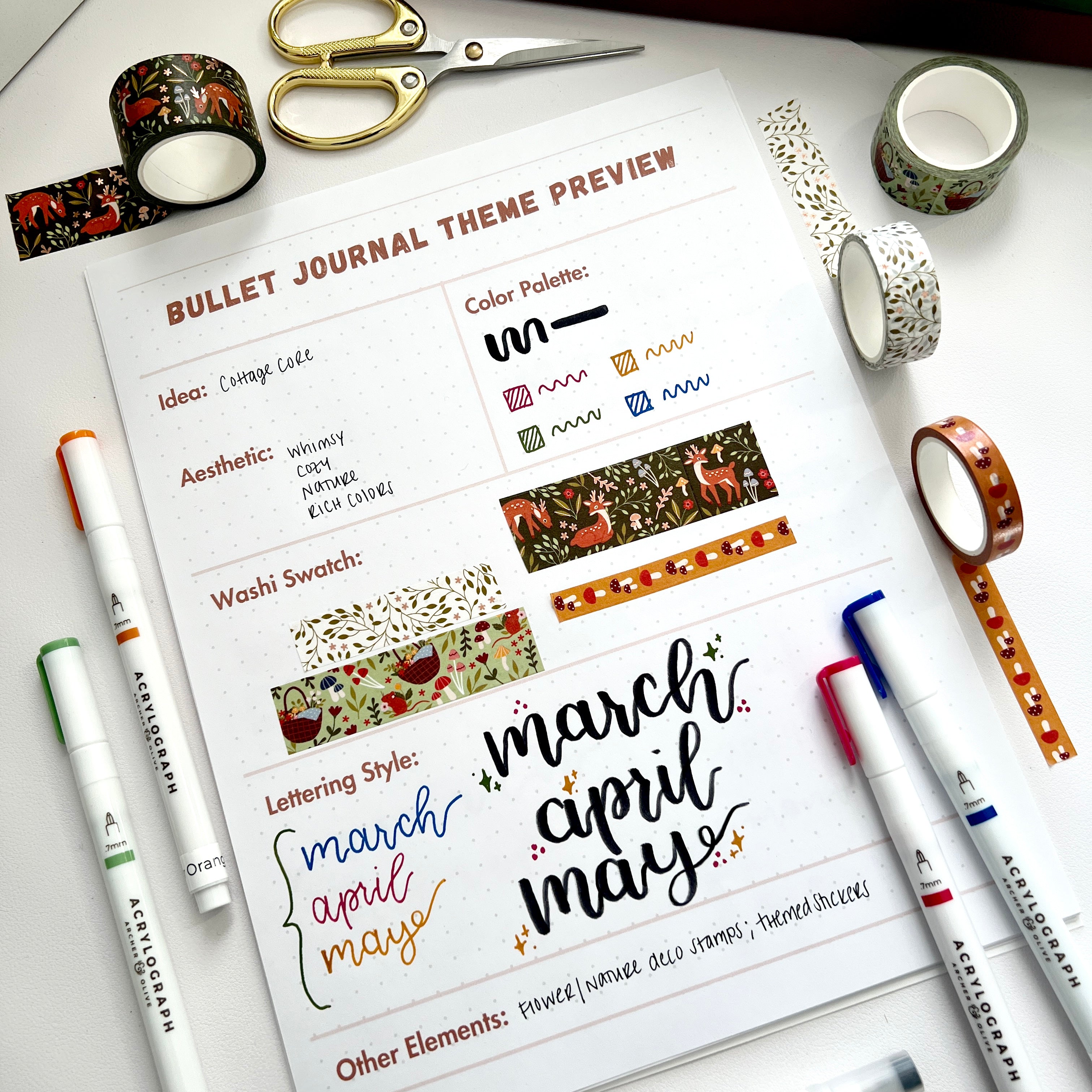 Image showing the free printable included with this blog post in a flat lay surrounded by a pair of scissors, decorative tape, and markers