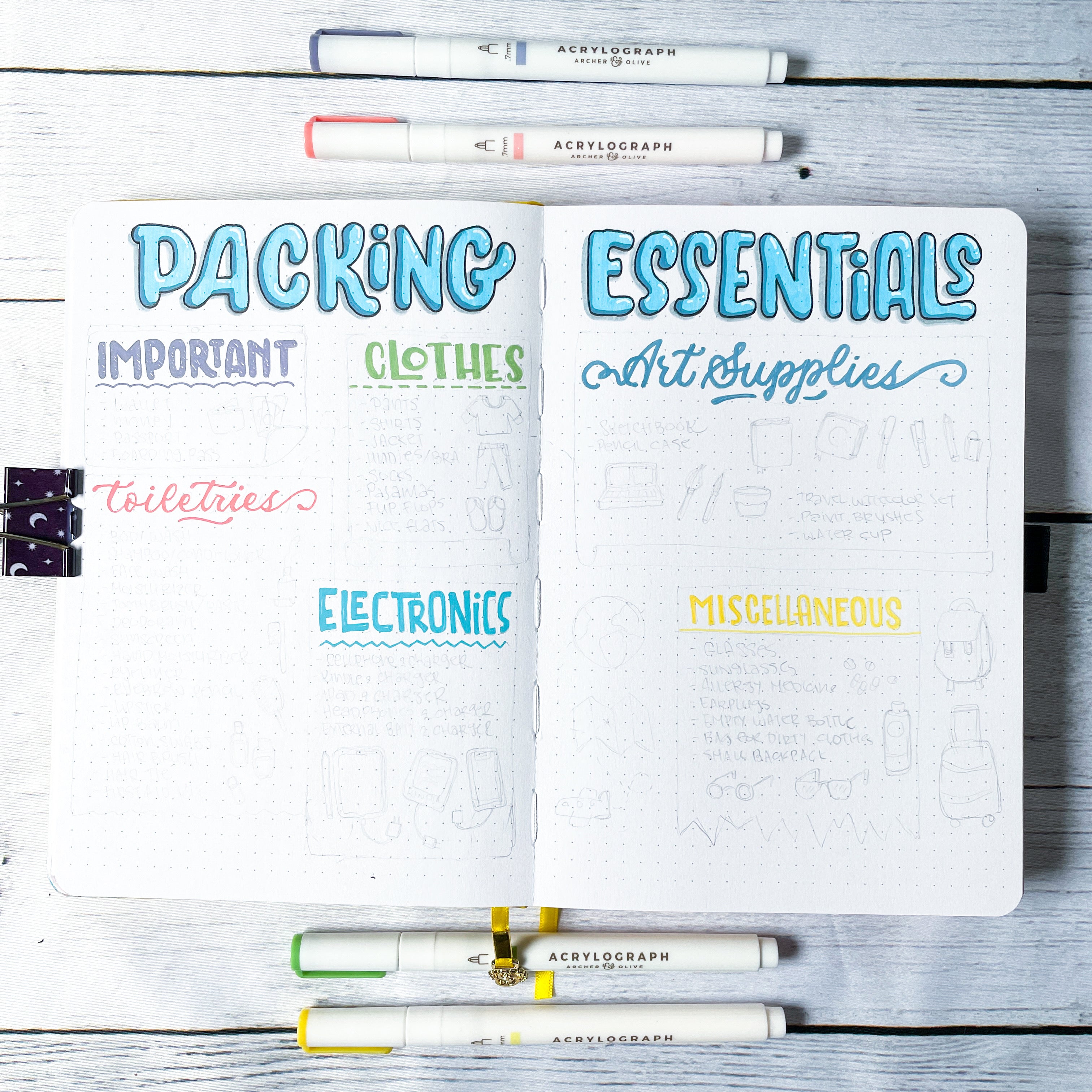 image of packing list and different categories lettered in different styles on a dot grid journal surrounded by pens