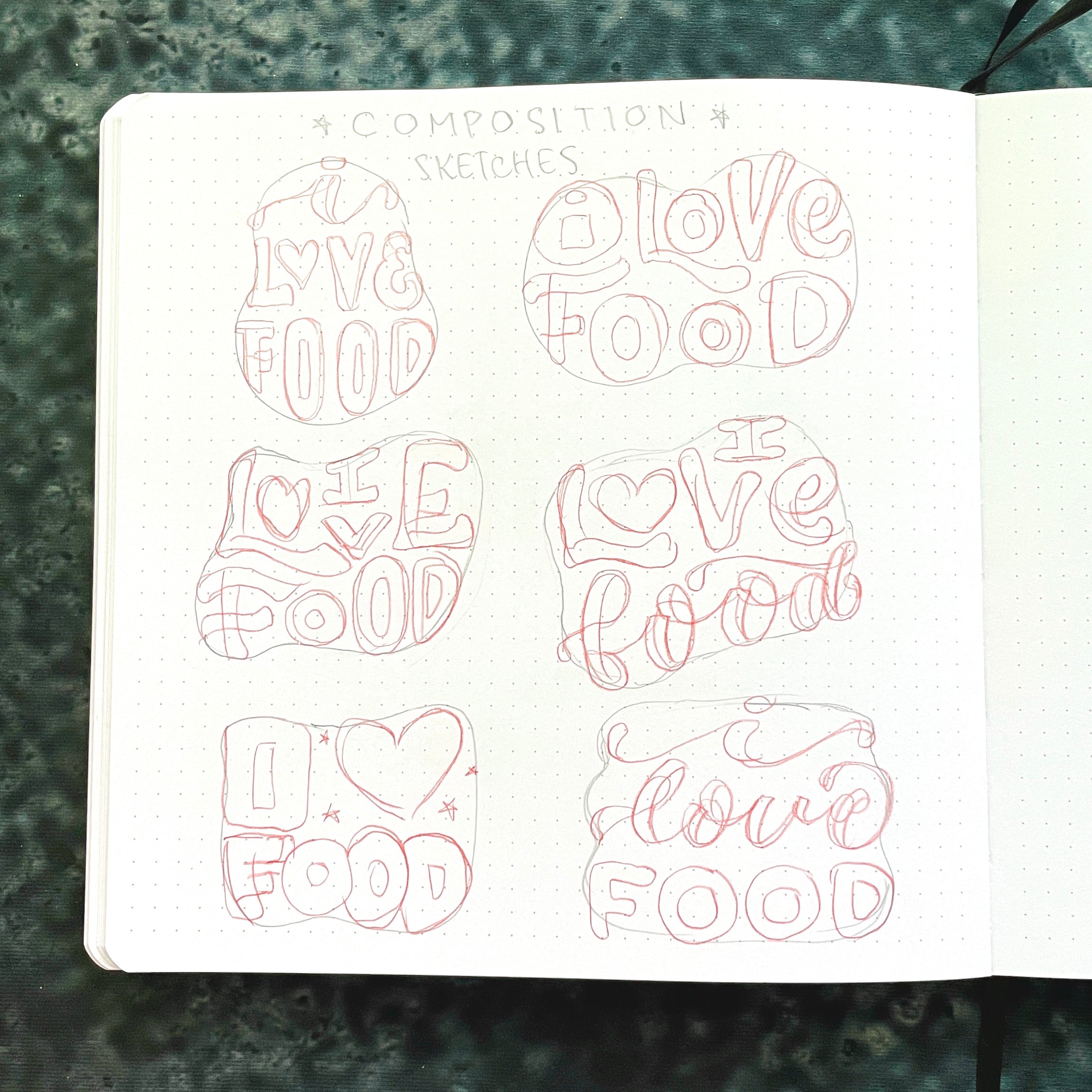 six different compositions for "I Love Food"