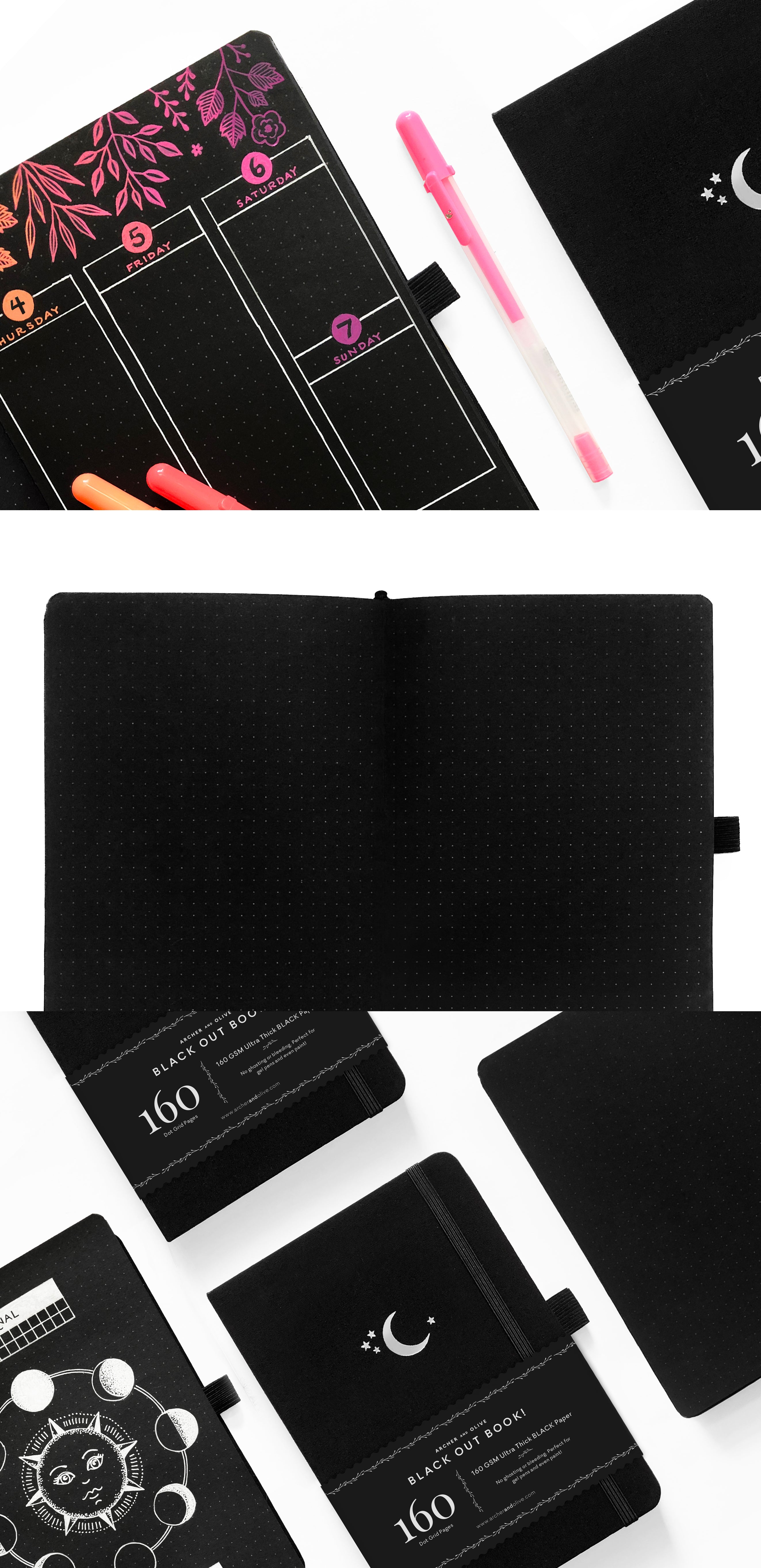 Black Paper Dot Grid: Simple Black Notebook With Black Pages, Good For  white Ink