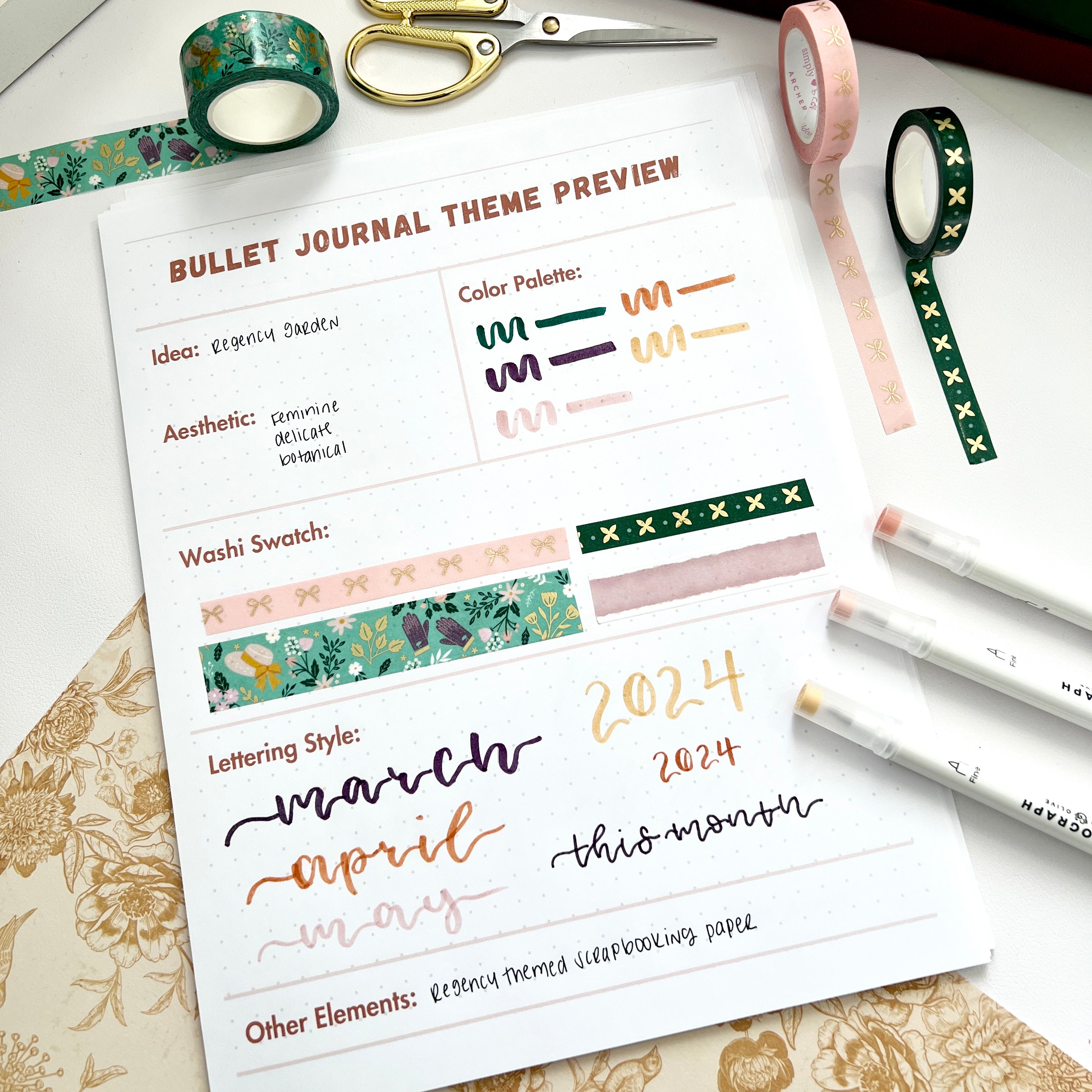 Image showing free printable included in this blog post in a flat lay surrounded by a pair of scissors, decorative tape, and markers