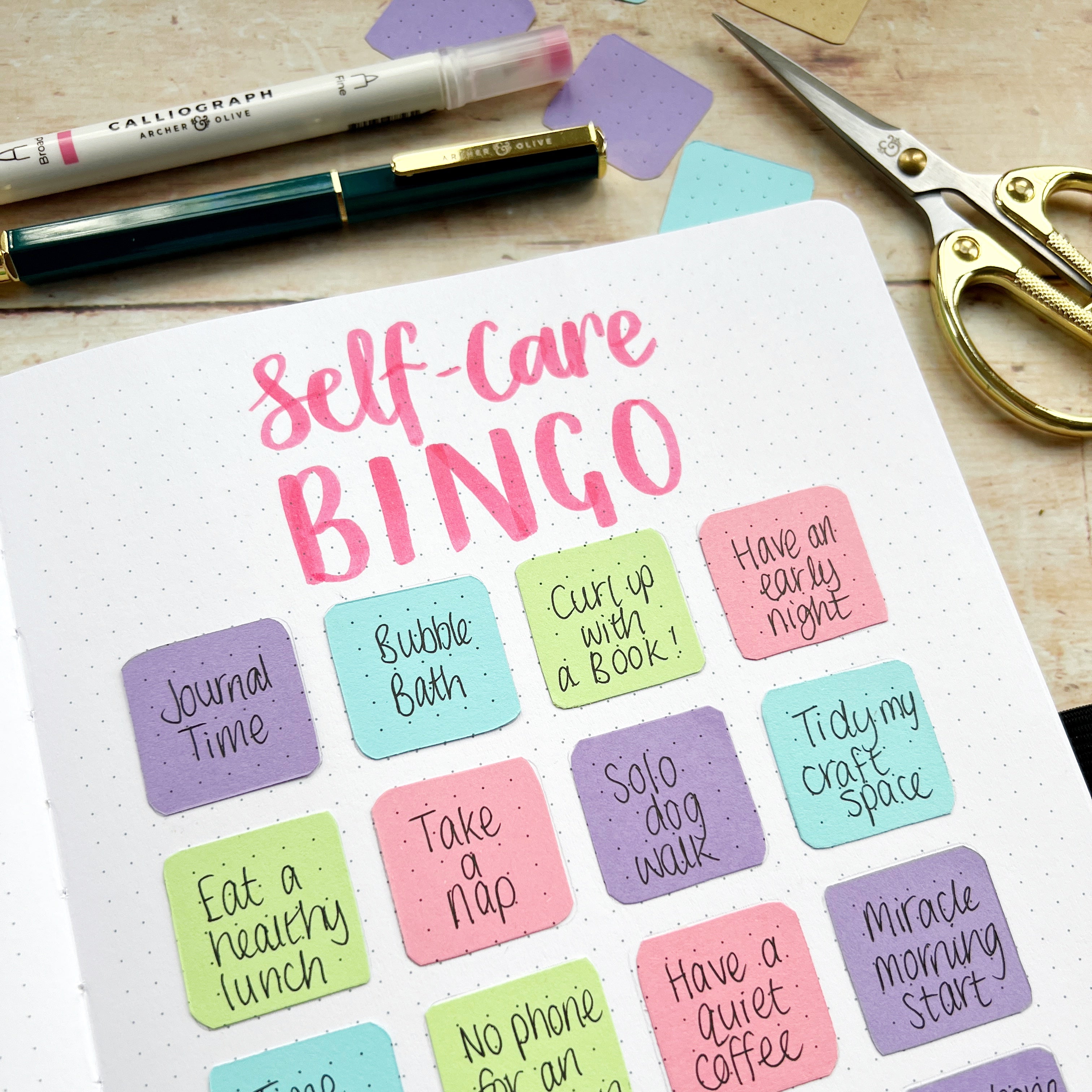 self care bingo page with coloured squares