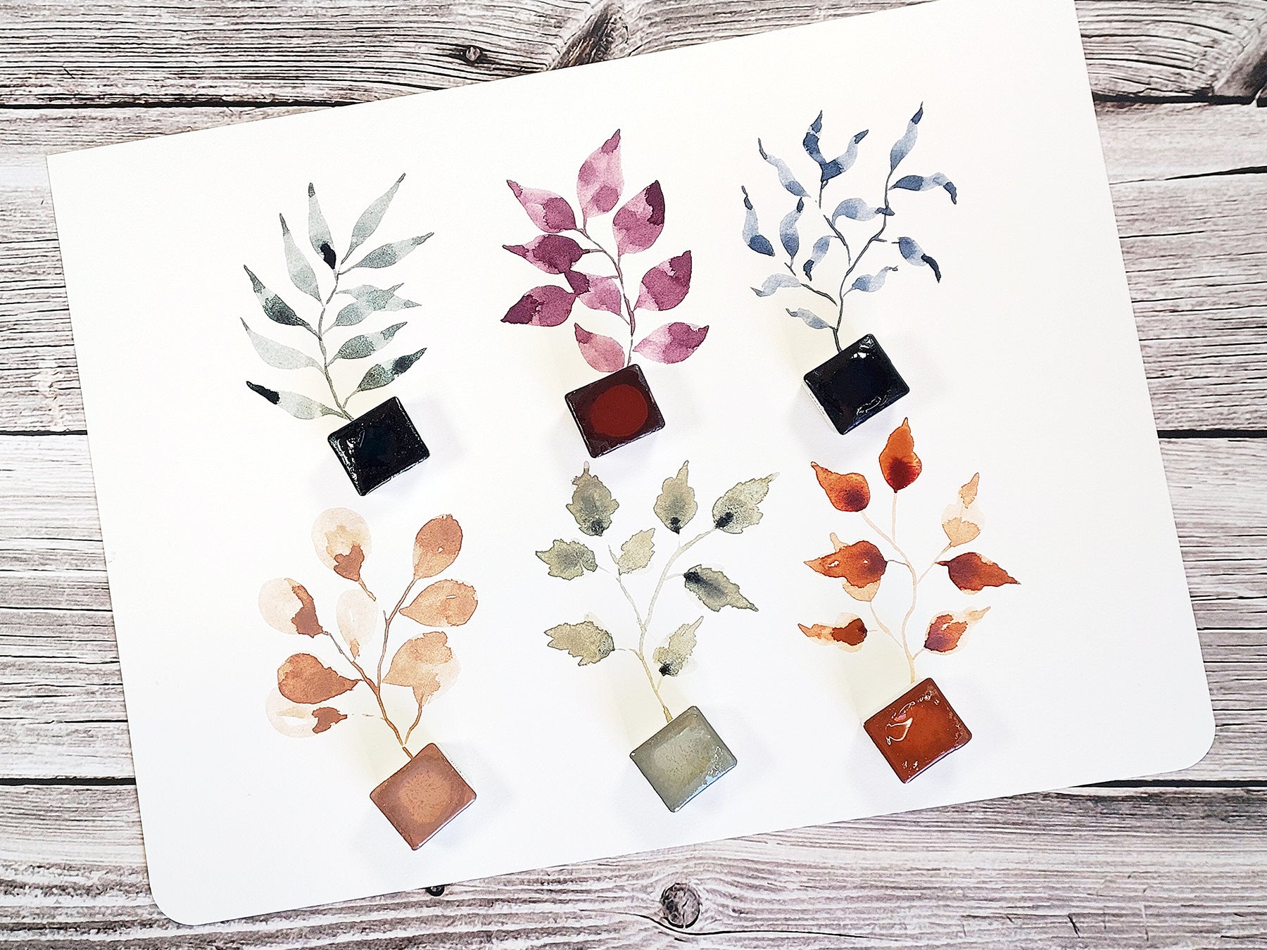 6 different leaves painted in watercolor