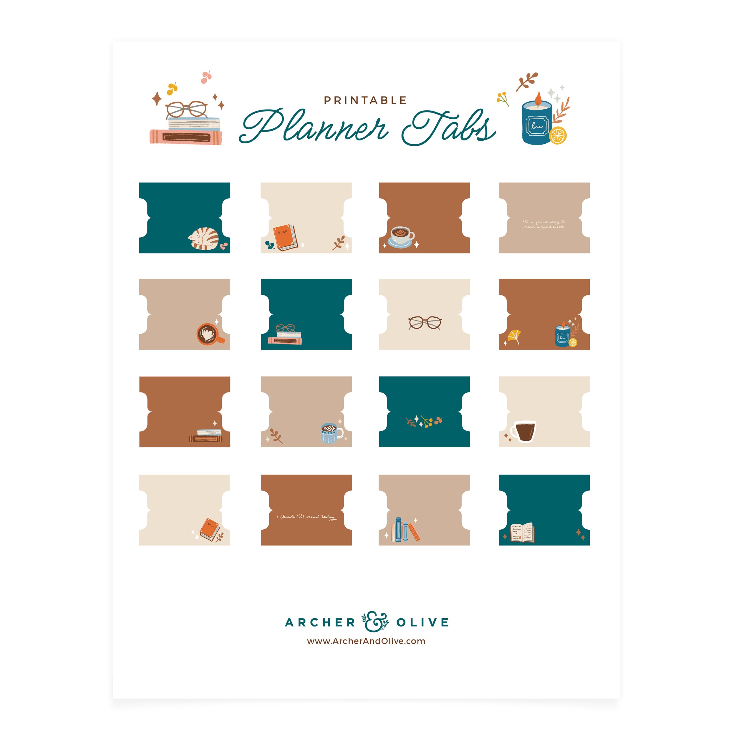 Archer and Olive Books & Coffee Printable Planner Tabs
