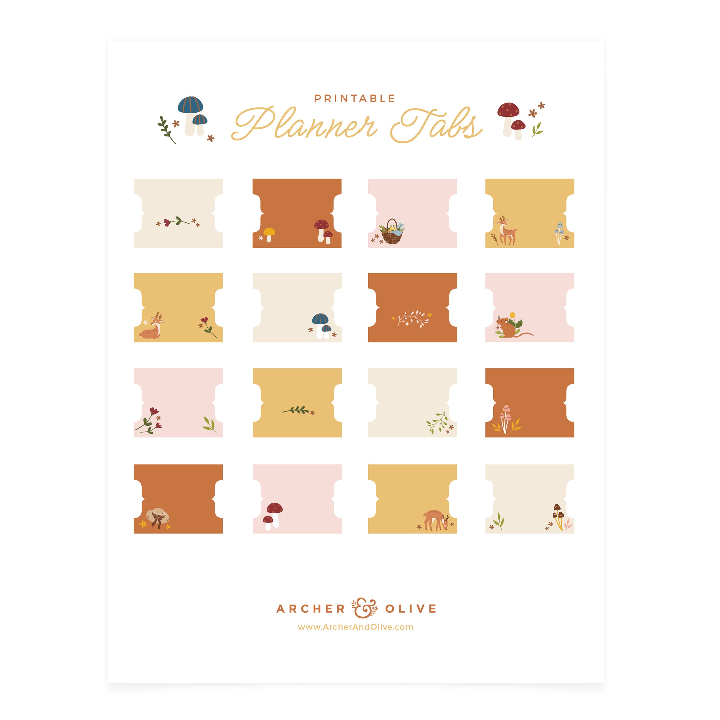 Archer and Olive Deer & Field Mouse Printable Planner Tabs