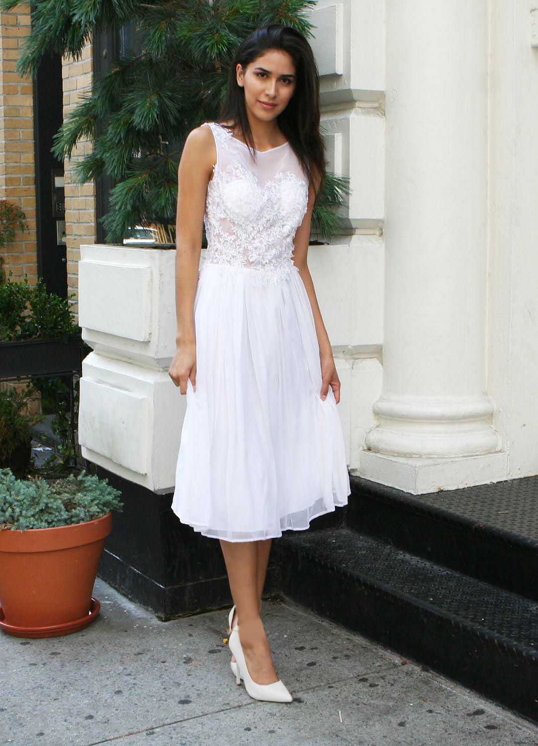 white lace and chiffon dress