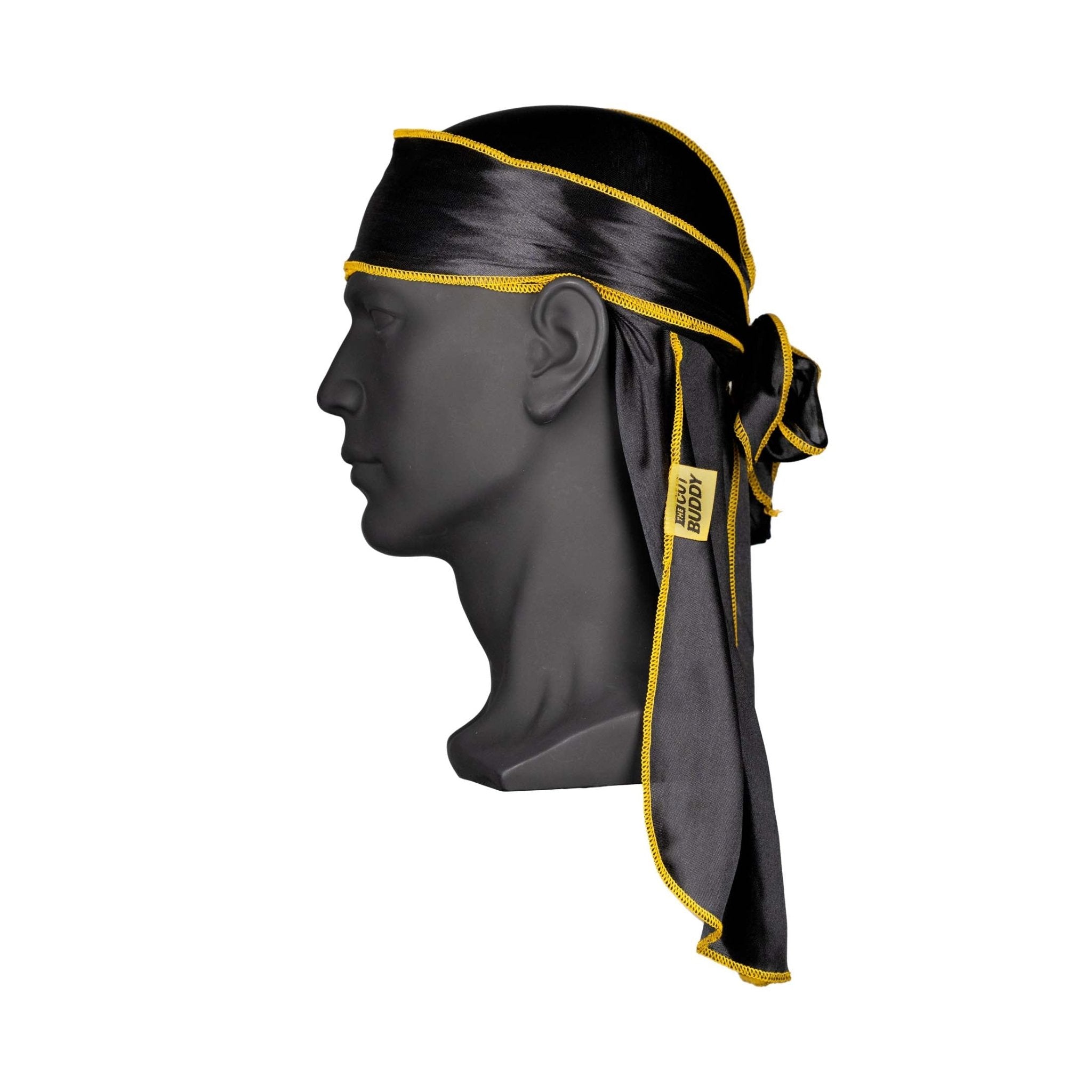 Nick Wavy Collection - Satin Durag (Black Body / Yellow Stitch)