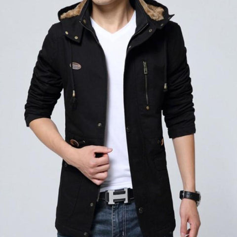 Mens Trench Coat with Removable Hood and Warm Lining