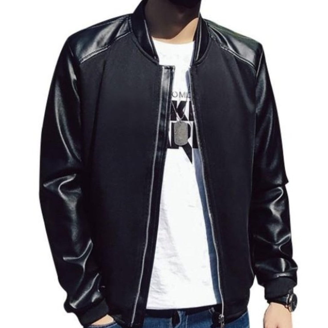 Mens Short Jacket with PU Leather Sleeves– amtify