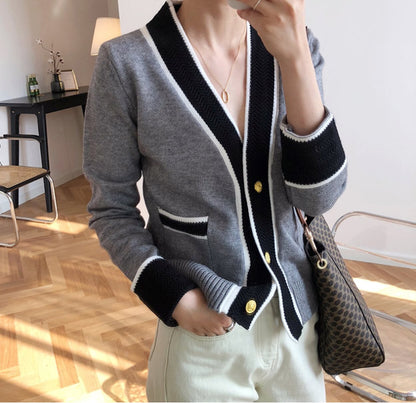 womens cotton blend two tone button front cardigan - AmtifyDirect