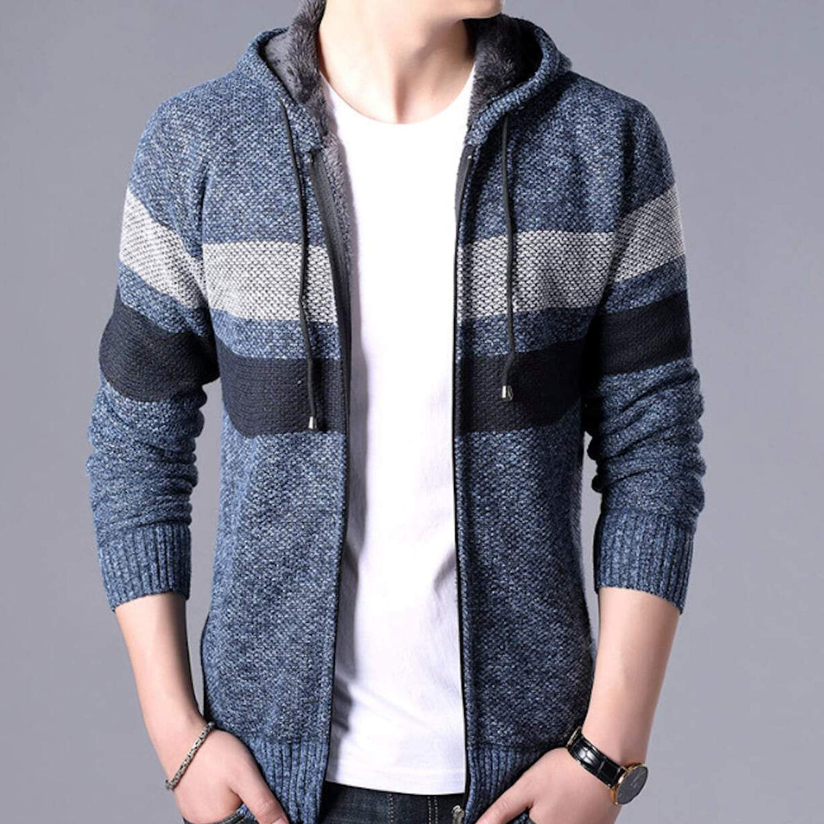 Mens Hooded Double Striped Cardigan– amtify