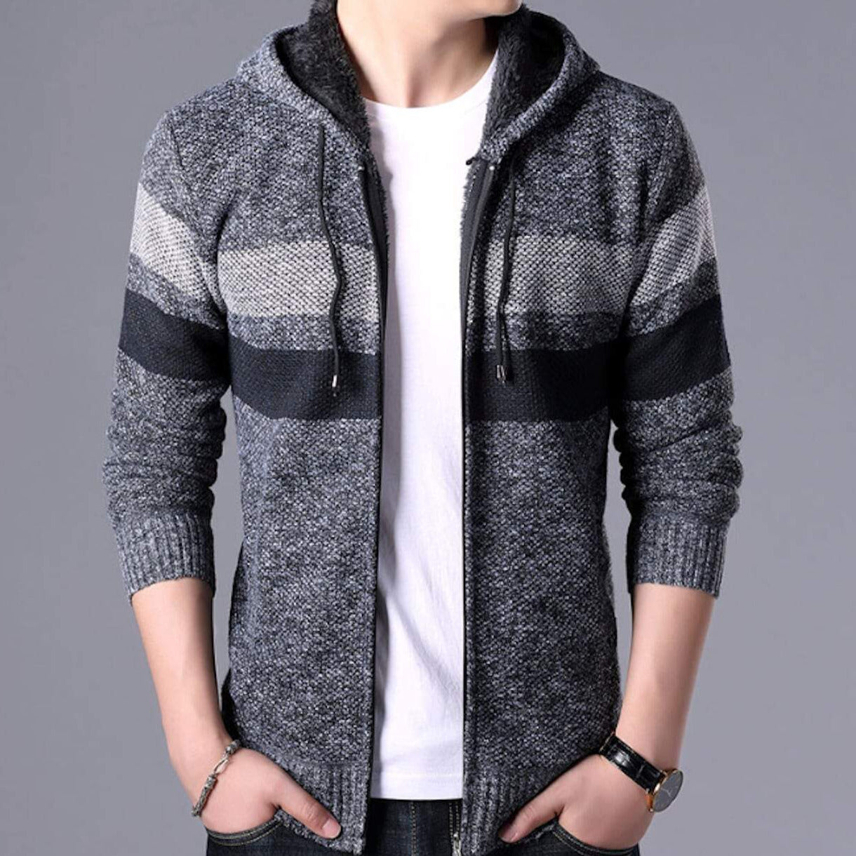 Mens Hooded Double Striped Cardigan– amtify
