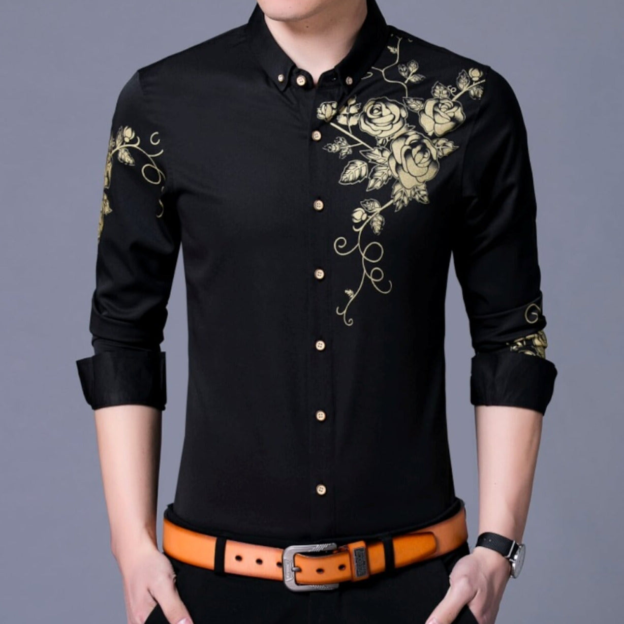 Mens Shirt With Floral Design on Front and Sleeve– amtify
