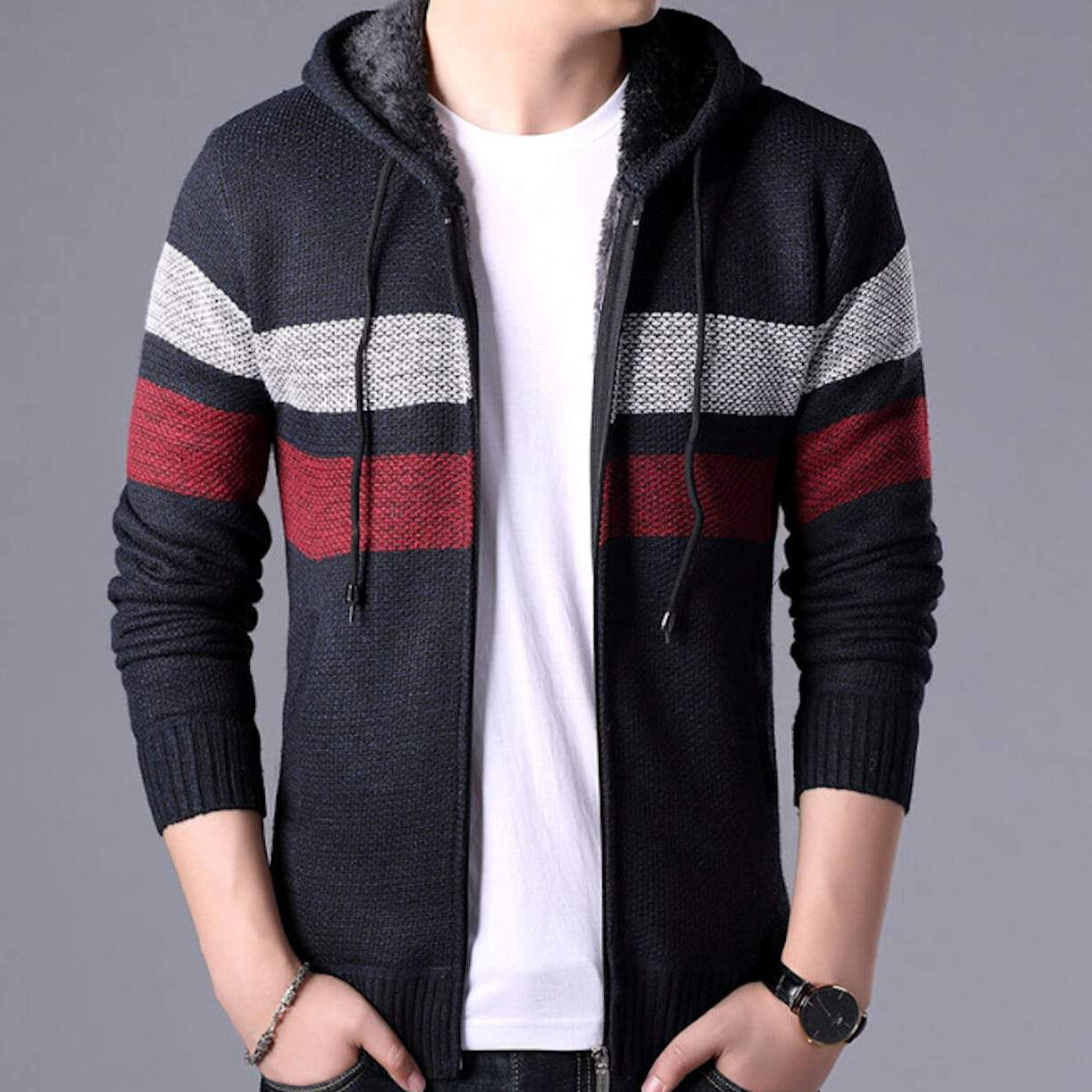 Mens Hooded Double Striped Cardigan– amtify