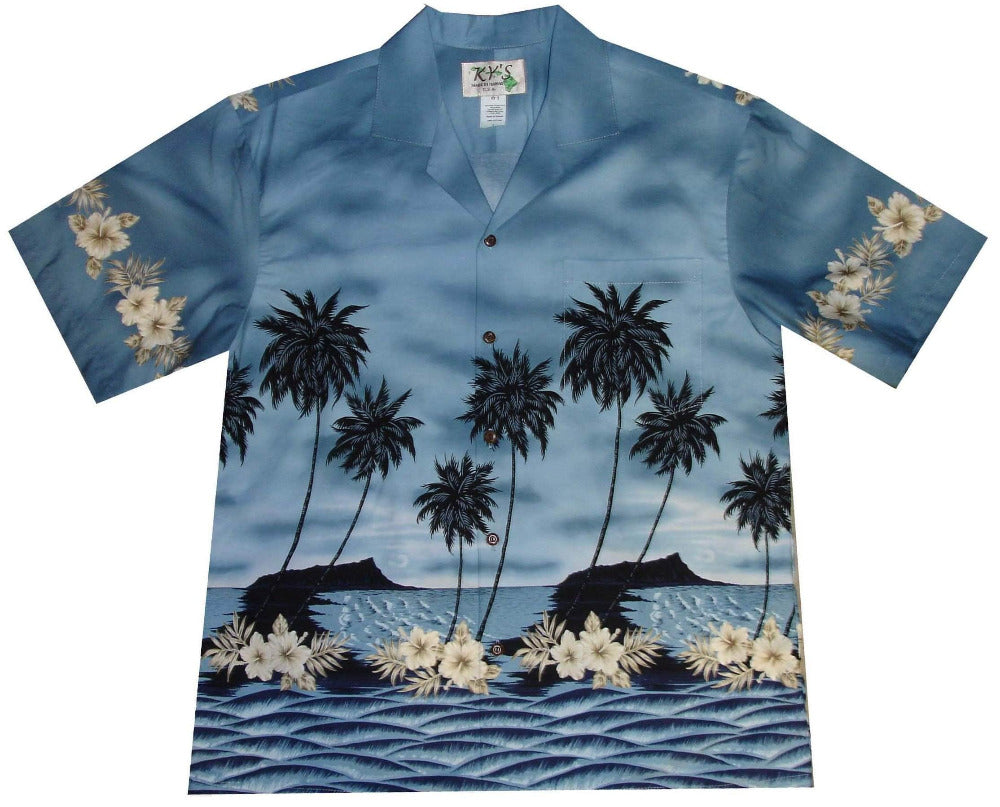 Nwt Mens Hawaiian Shirt , XL Themed Island Scenery ,outrigger , Flying Fish , Palm Tree , Beach