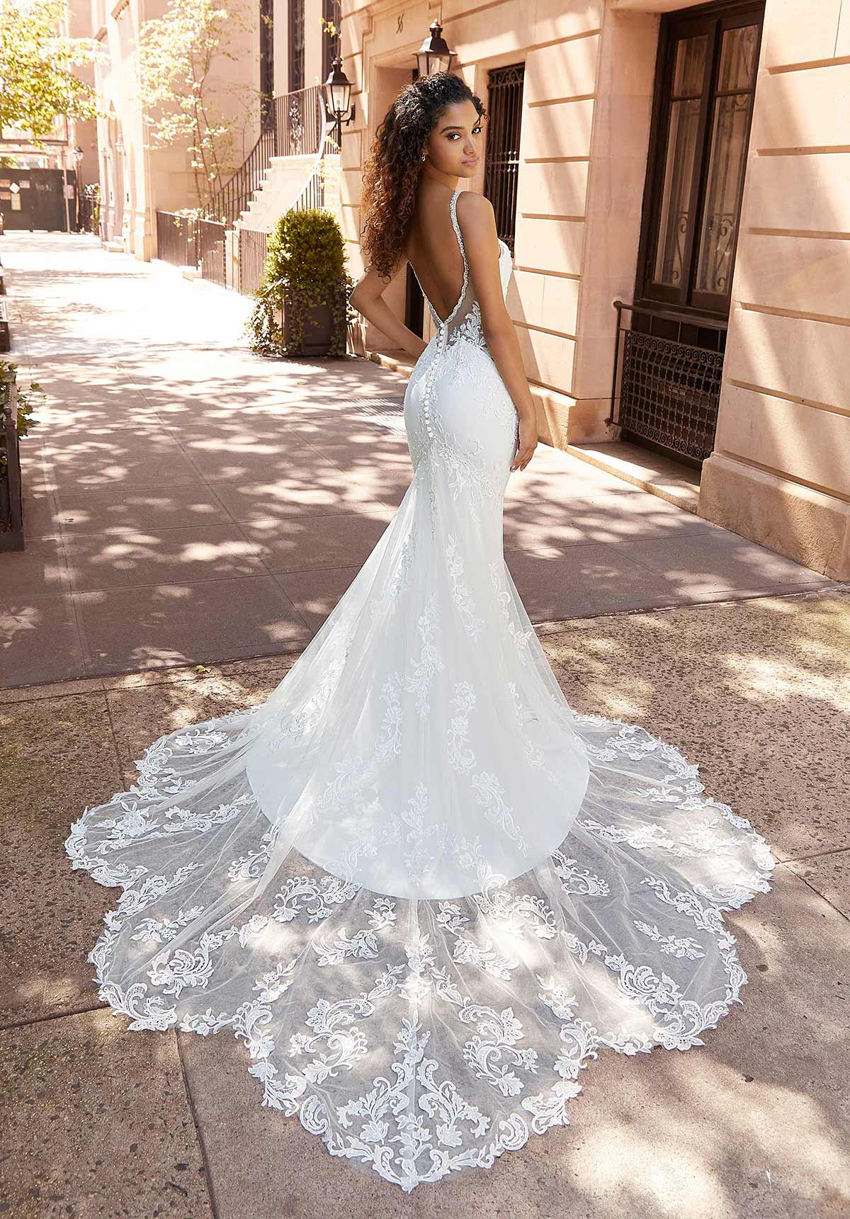 D3249 - Lace and Tulle Fit-and-Flare Wedding Dress with Scalloped Train -  Perfections Bridal Studio