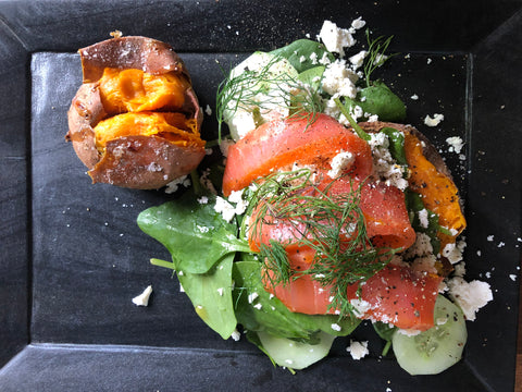 smoked salmon with jacket sweet potato