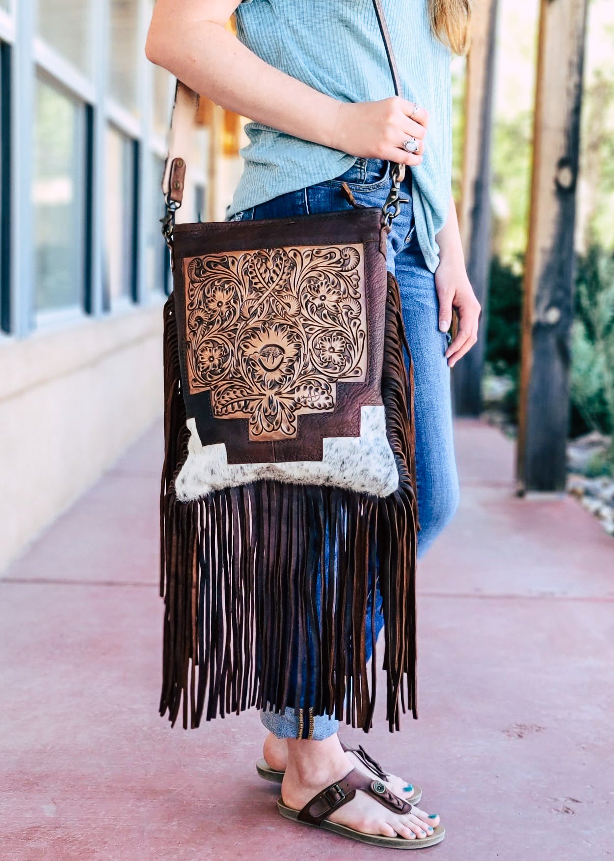 tooled leather fringe purse