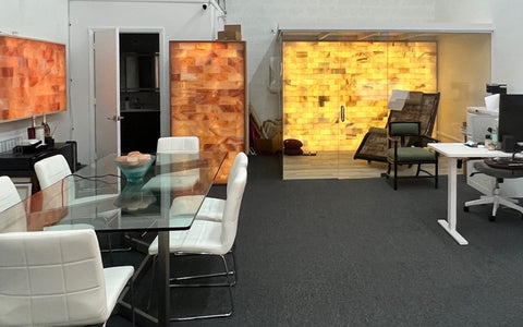 Visitors to the showroom will see walls and wellness spaces crafted from Himalayan salt bricks.