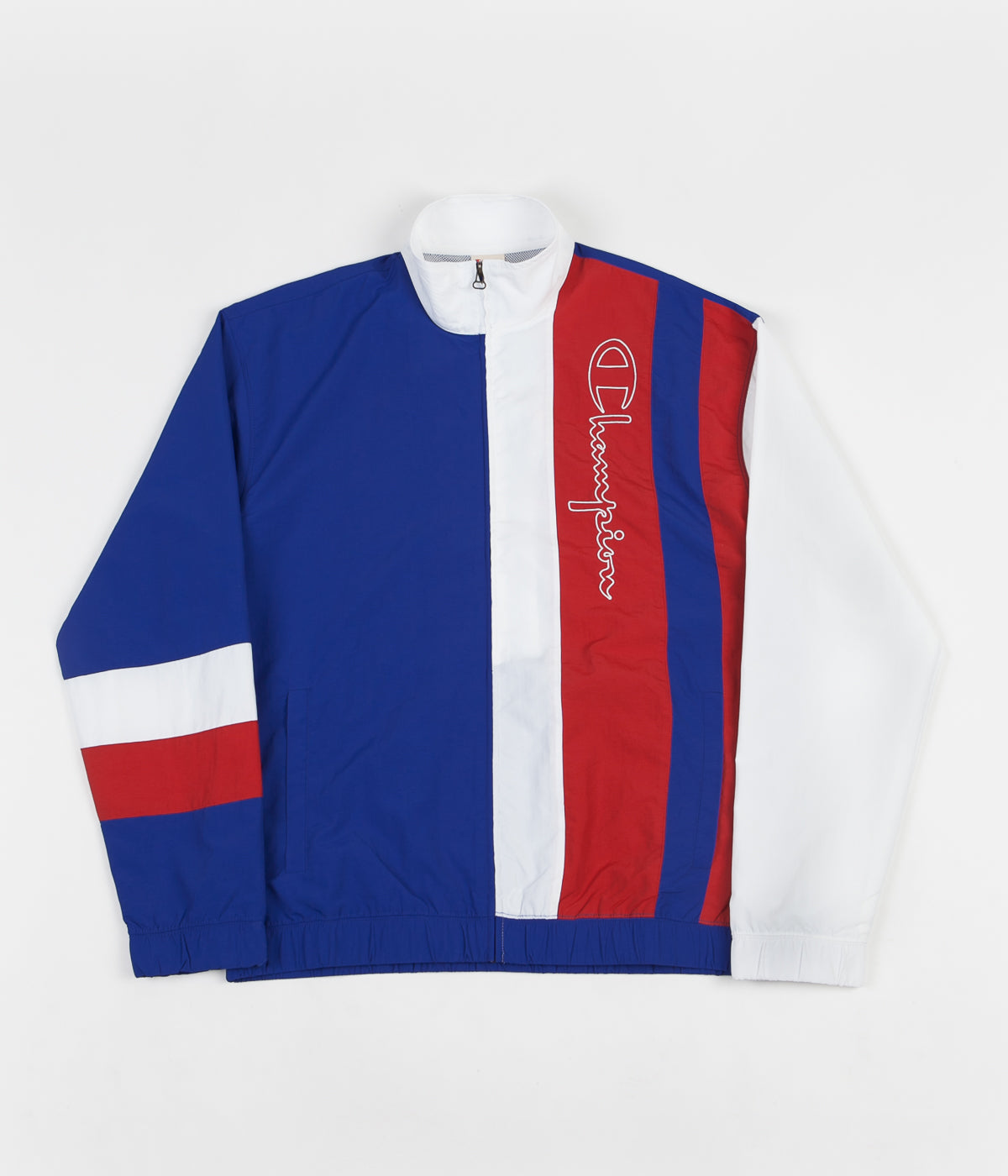 blue and red champion windbreaker