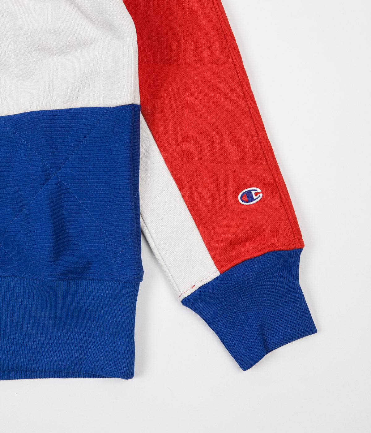 champion hoodie red blue white