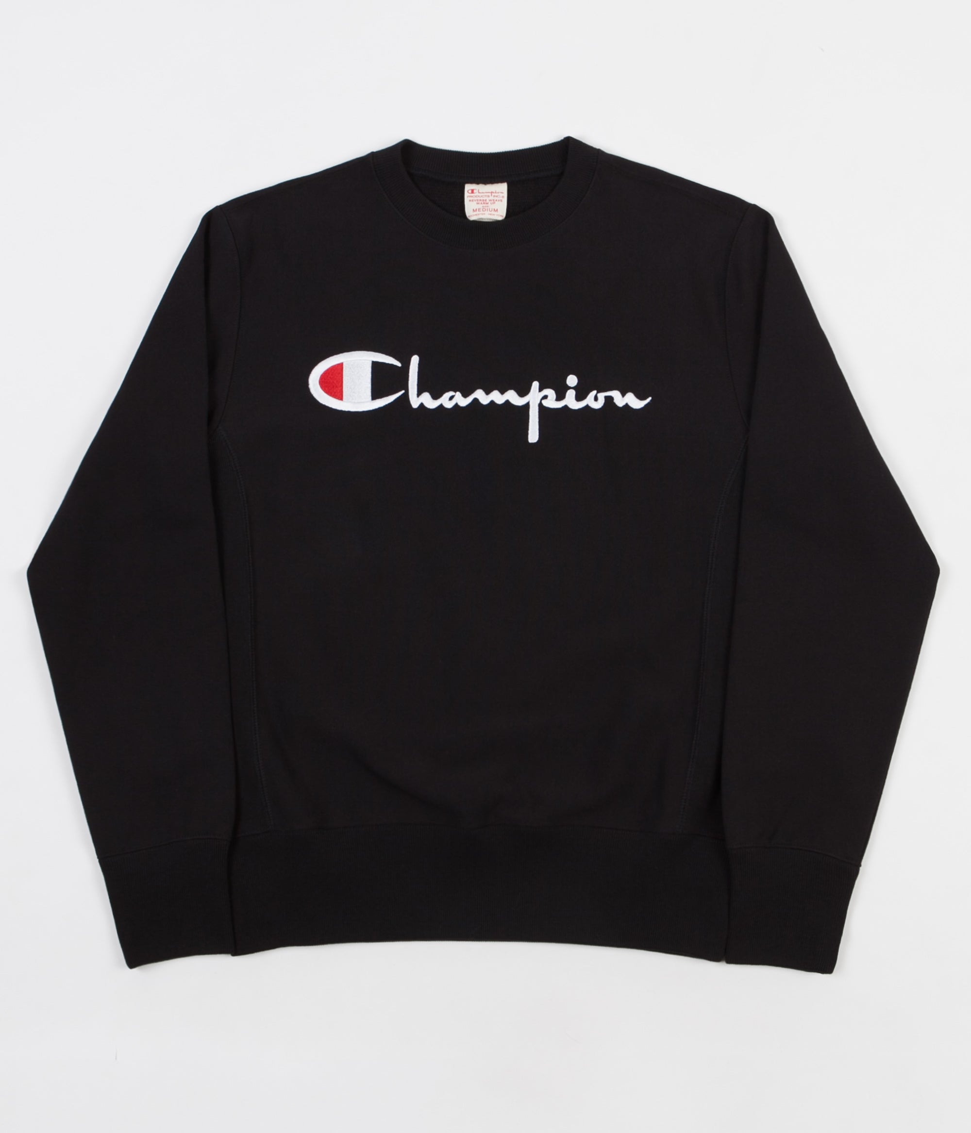 Champion Reverse Weave Script Logo Crewneck Sweatshirt - Black | Flatspot