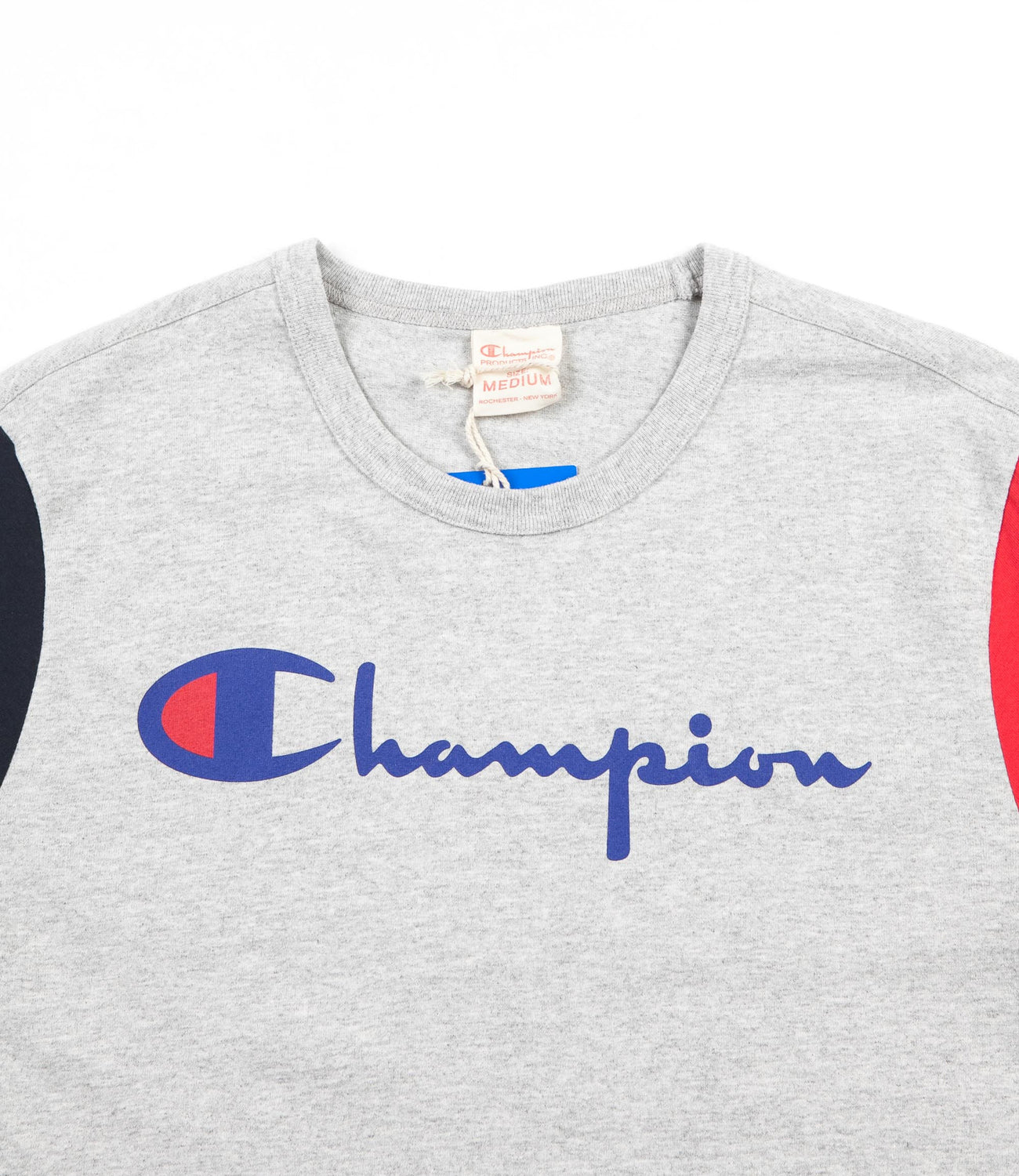 Champion Reverse Weave Tricolour Script Logo T-Shirt - Grey / Navy / R ...