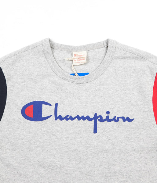 Champion Reverse Weave Tricolour Script Logo T-Shirt - Grey / Navy / R ...