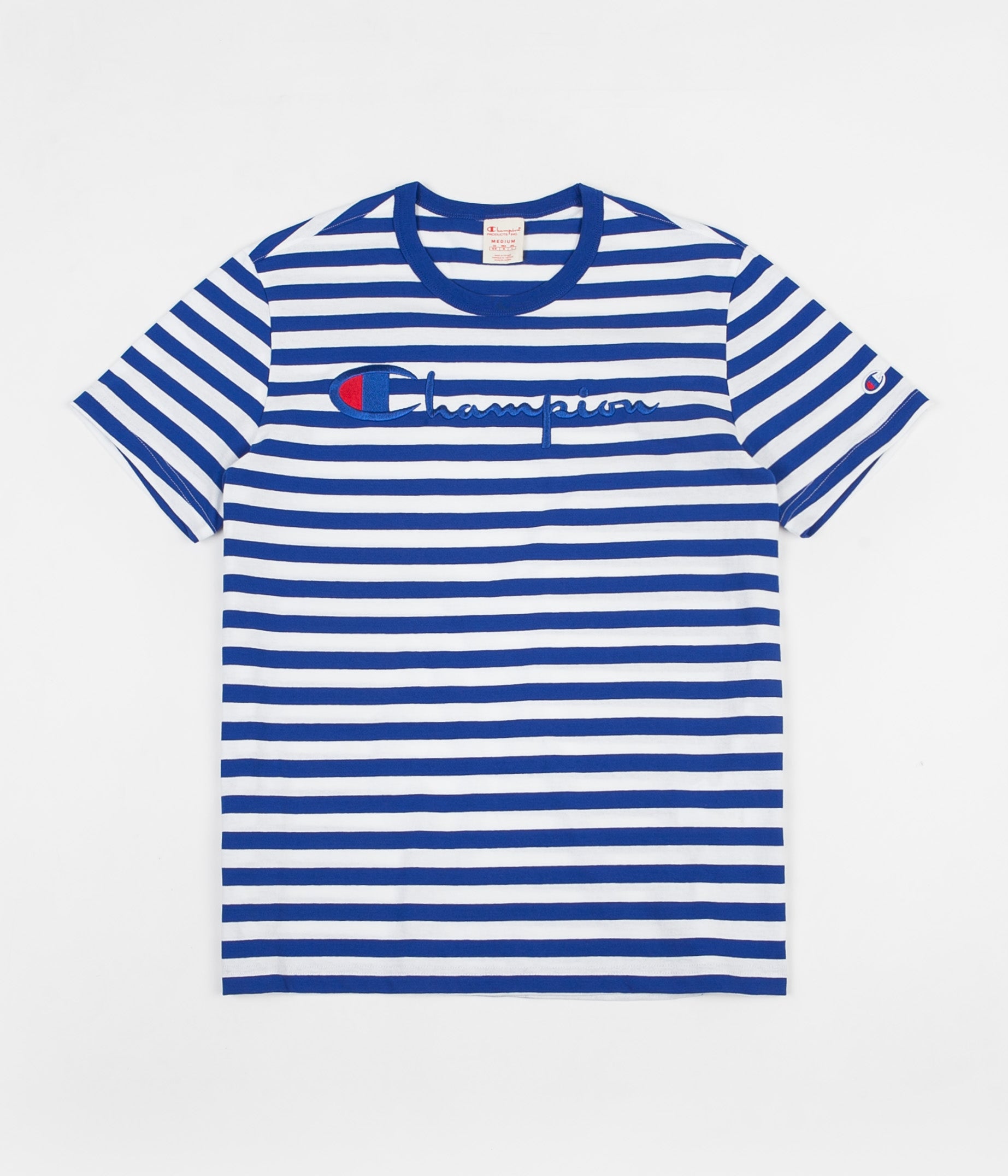 blue and white champion shirt