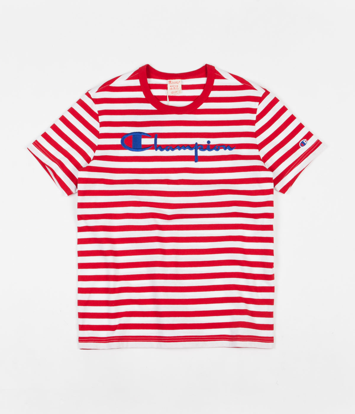 white and red champion shirt