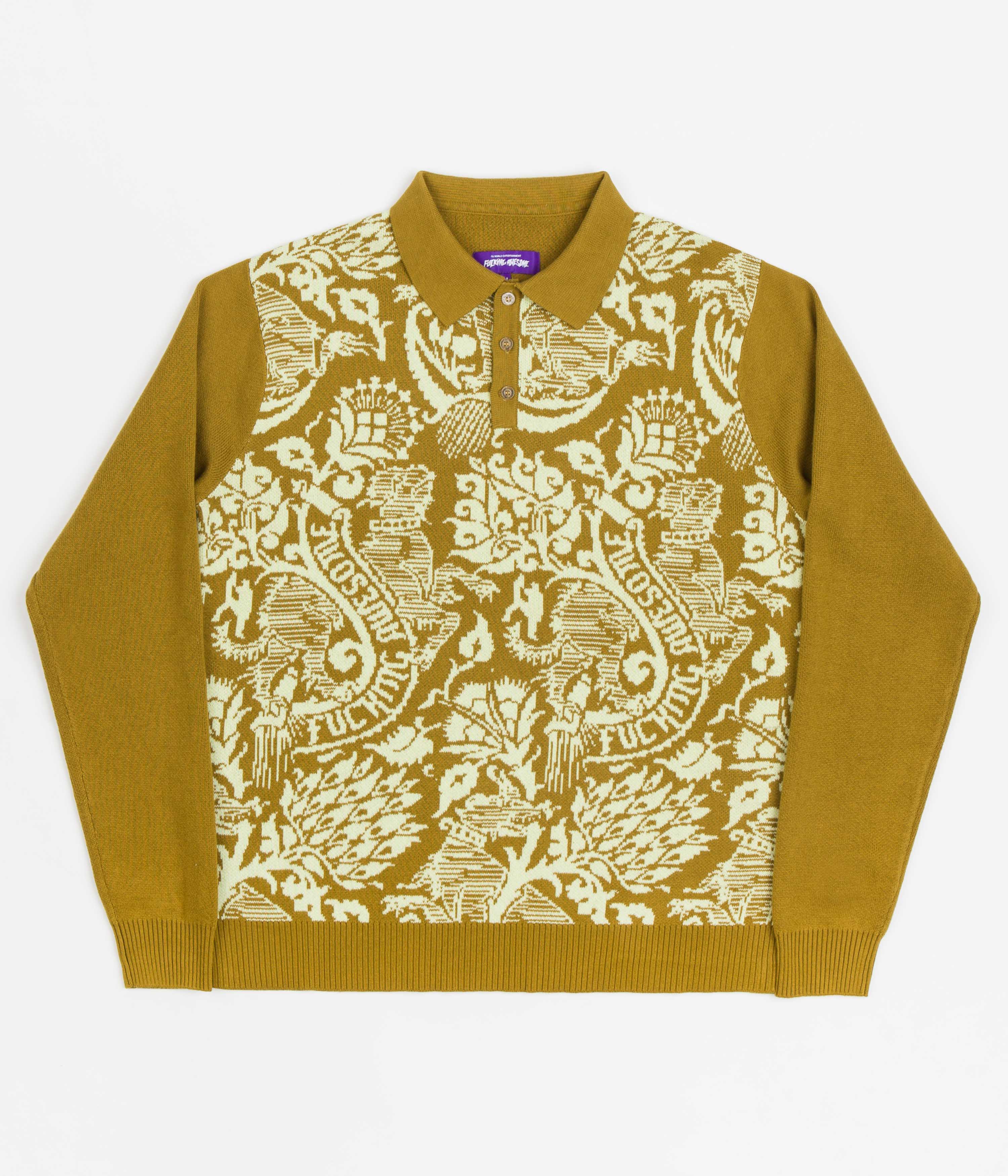 Fucking Awesome Fancy Knit Long Sleeve Polo Shirt - Gold / Ivory