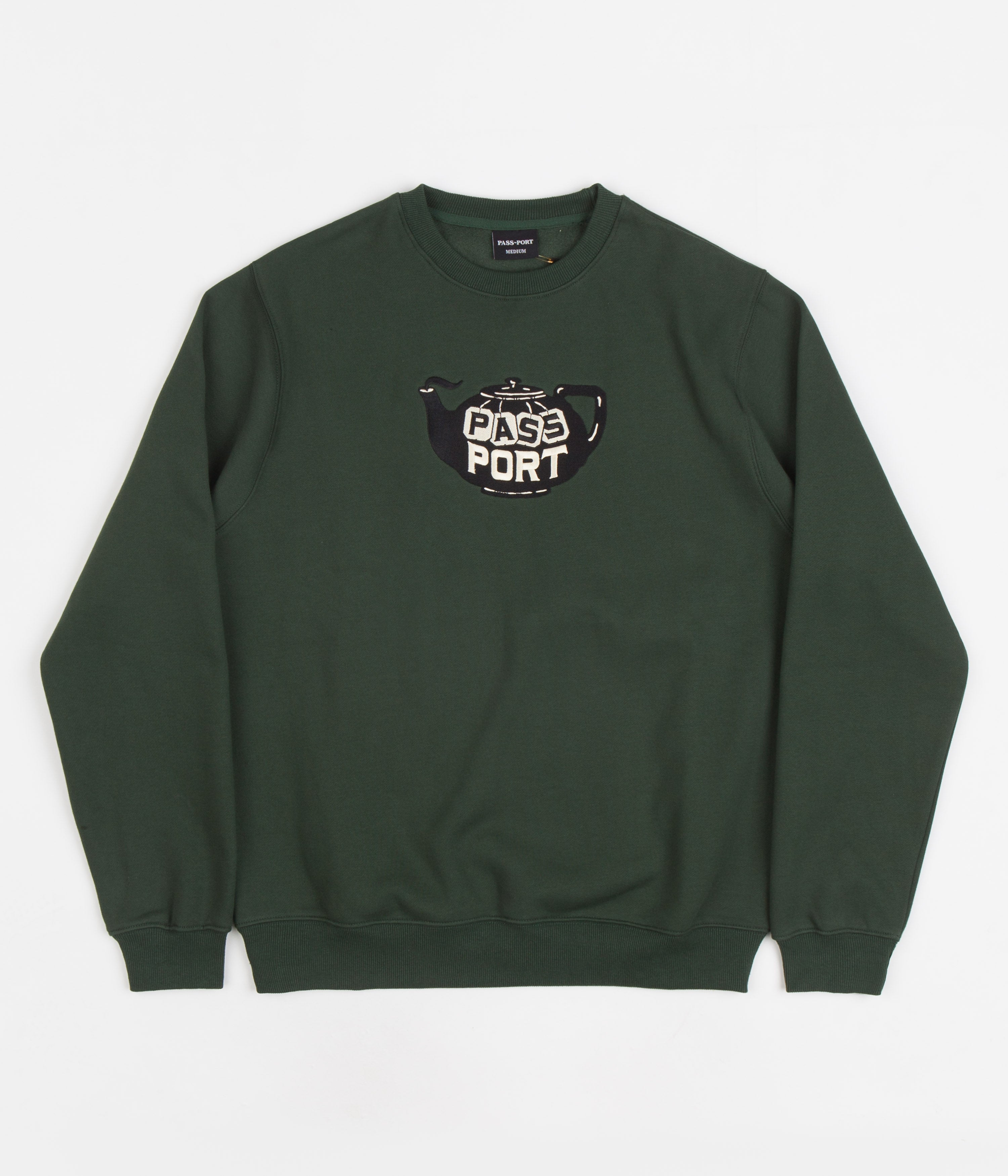 Pass Port Tea Pot Embroidery Crewneck Sweatshirt - Forest Green